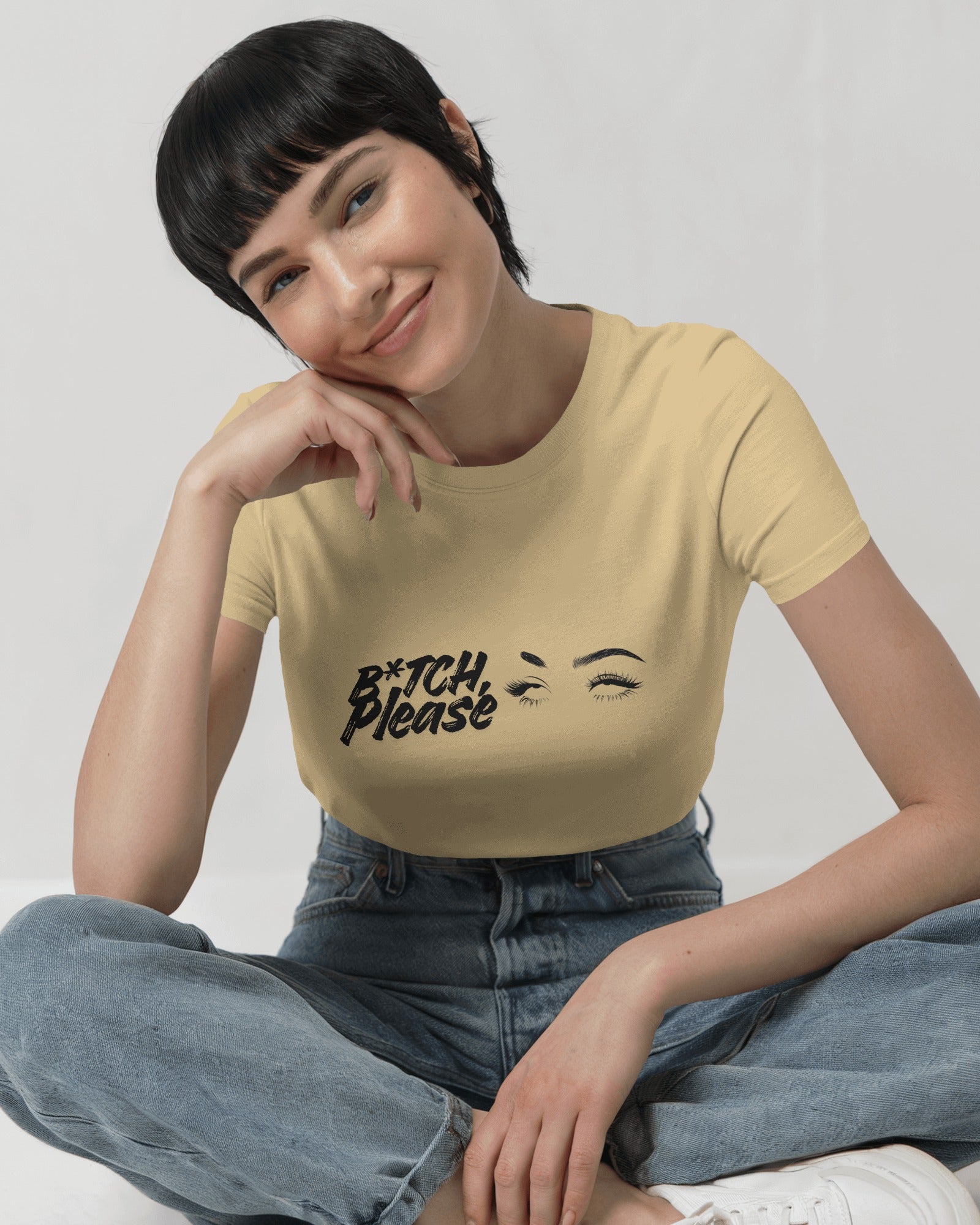 Close-up of B*tch, Please graphic t-shirt styled casually, expressive slogan fashion