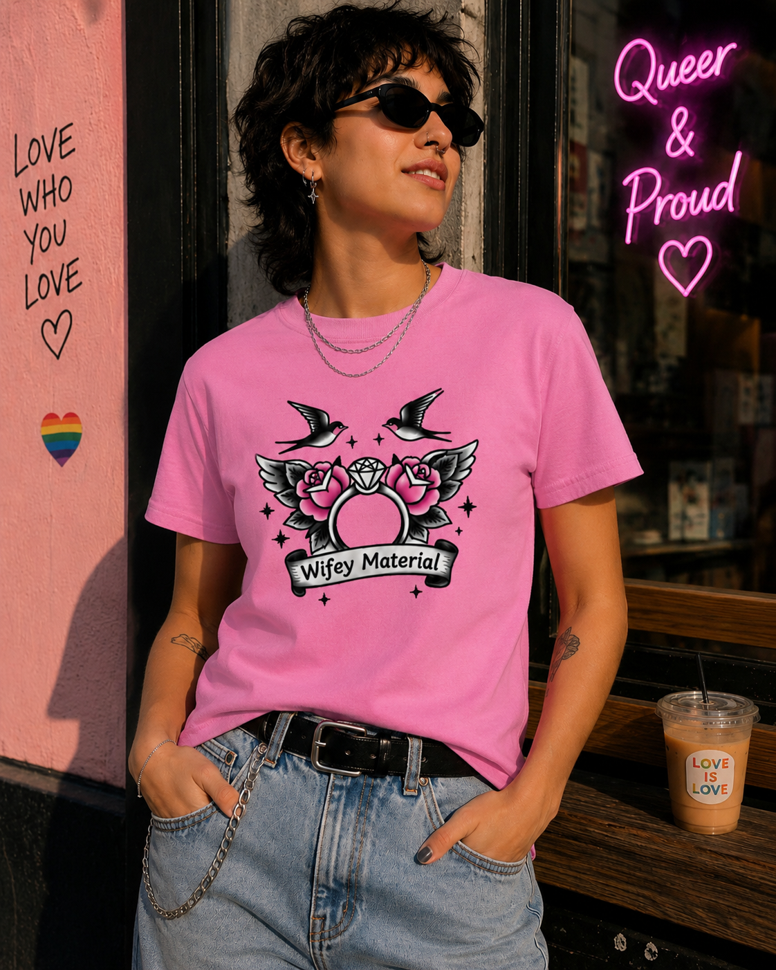 A woman wearing a bright pink graphic t-shirt with a 'Wifey Material' pride-themed design featuring pink roses, black birds, and a diamond, paired with light wash jeans. She is standing outdoors in front of a storefront with a pink 'LOVE WHO YOU LOVE' wall and a neon 'Queer & Proud' sign.