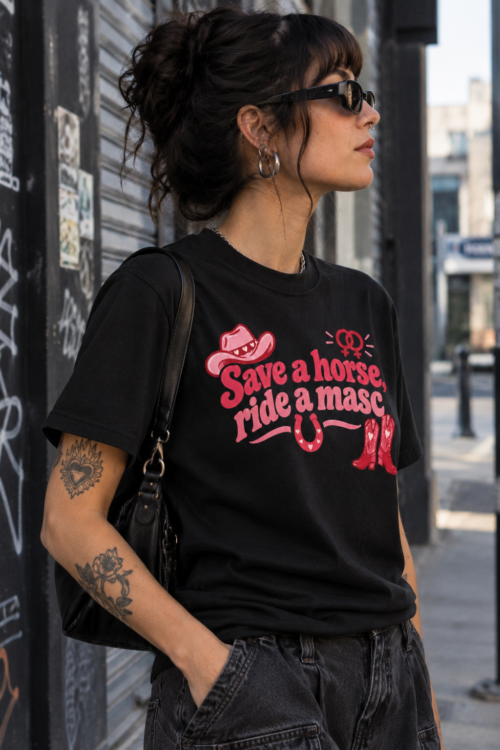 A woman wearing a black graphic t-shirt with a pink and white western-themed print that reads 'Save a horse, ride a masc'. She is wearing dark denim jeans, sunglasses, and a black shoulder bag, standing outdoors next to a graffiti-covered wall.