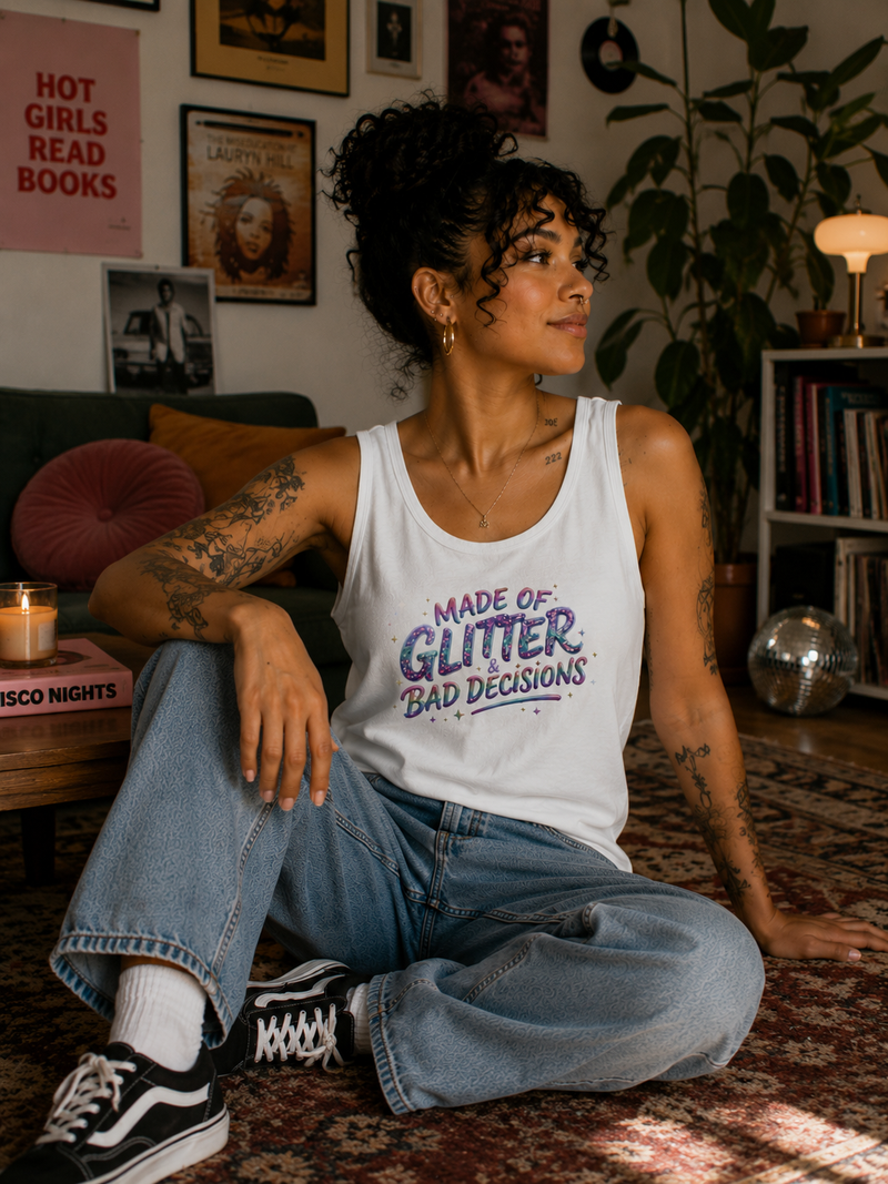 A woman sitting on a patterned rug in a cozy room, wearing a white tank top with the text 'MADE OF GLITTER BAD DECISIONS' in purple and blue lettering, paired with light blue jeans and black sneakers.
