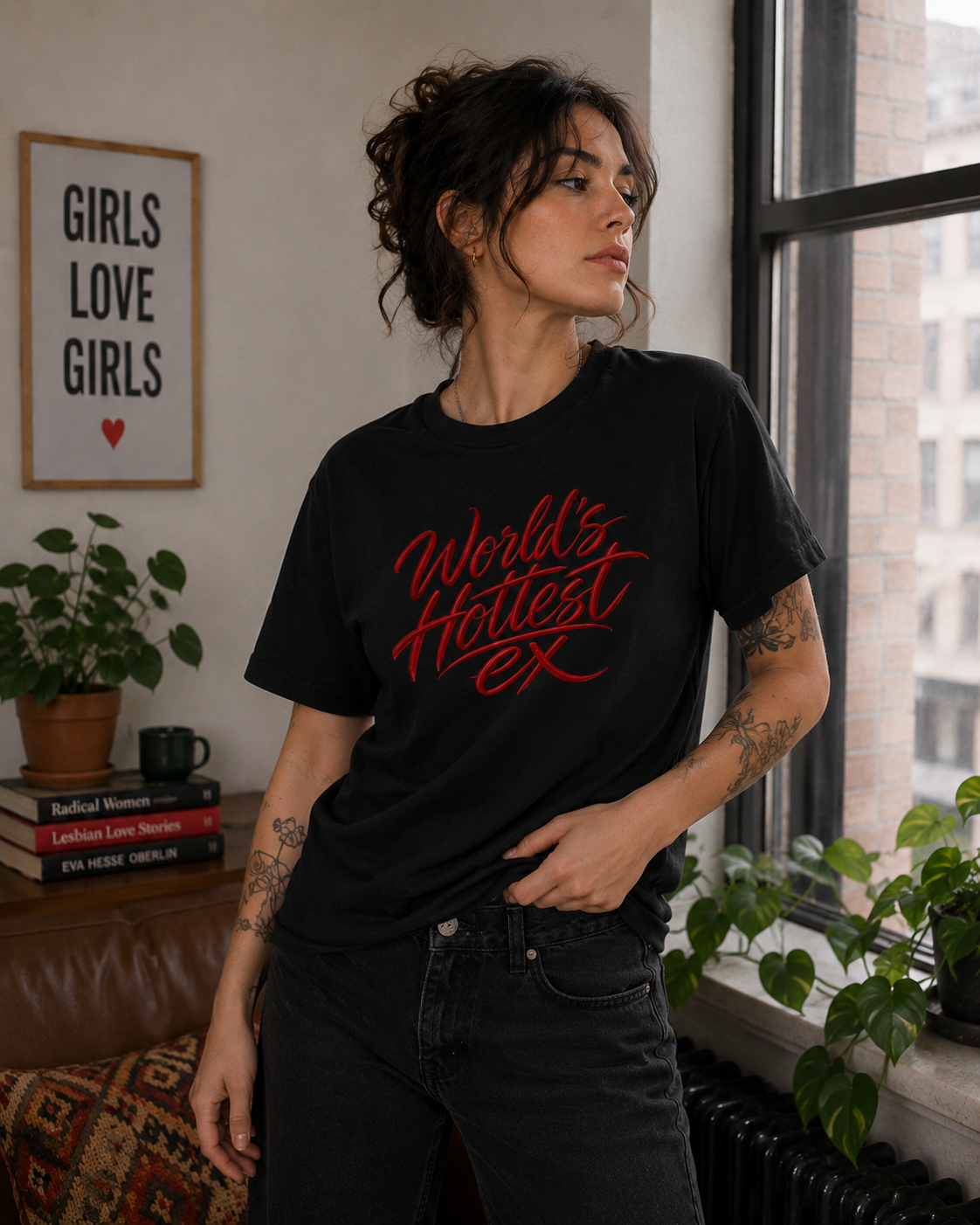 A woman wearing a black graphic t-shirt with red text reading 'World's Hottest Ex' stands in a room next to a window, wearing black jeans.