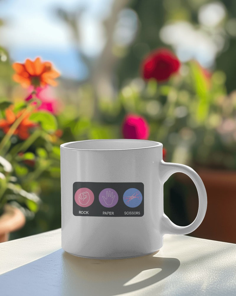 Rock Paper Scissors Mug colorful ceramic WLW lesbian pride design