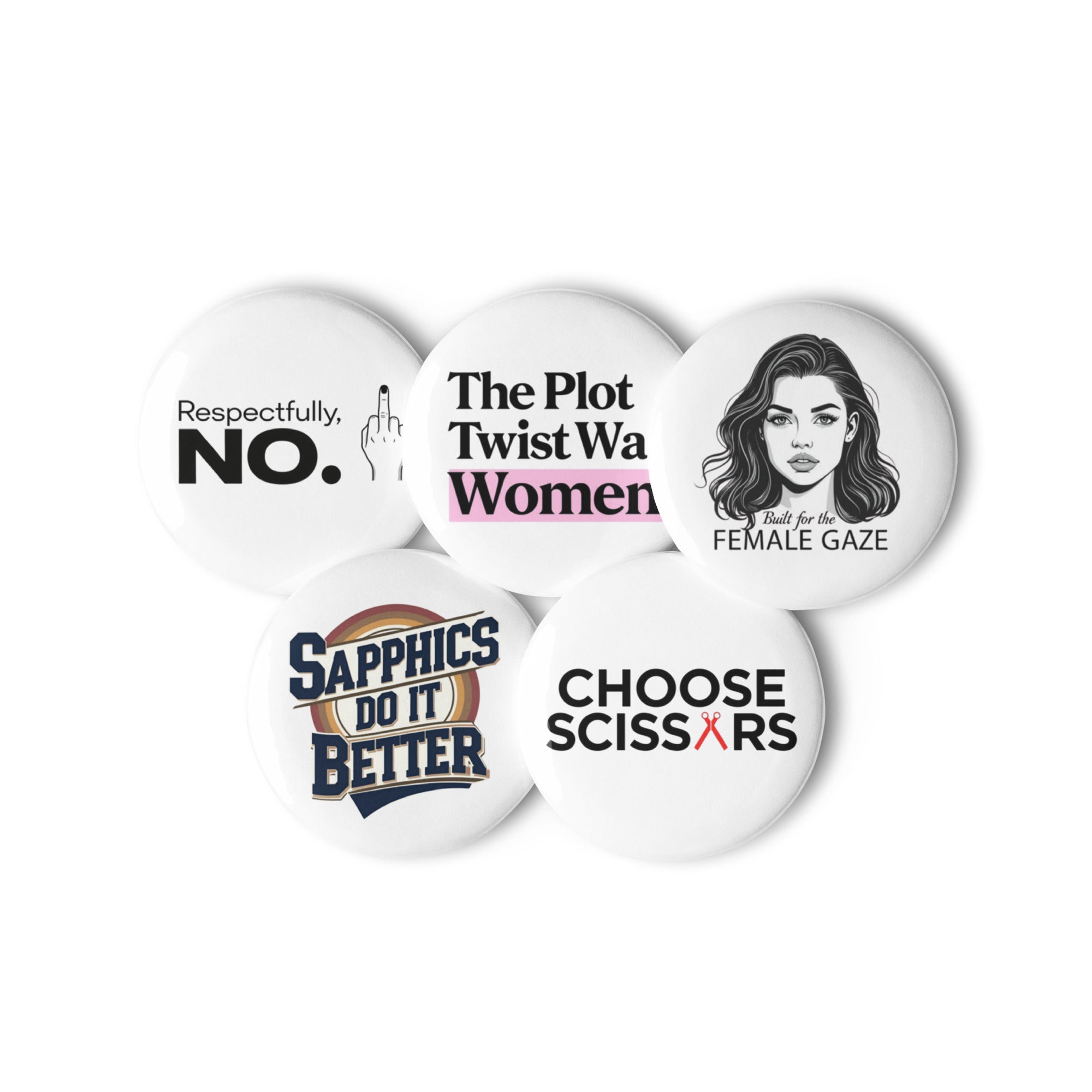 Close-up of five WLW-themed pins with glossy finish and bold queer designs