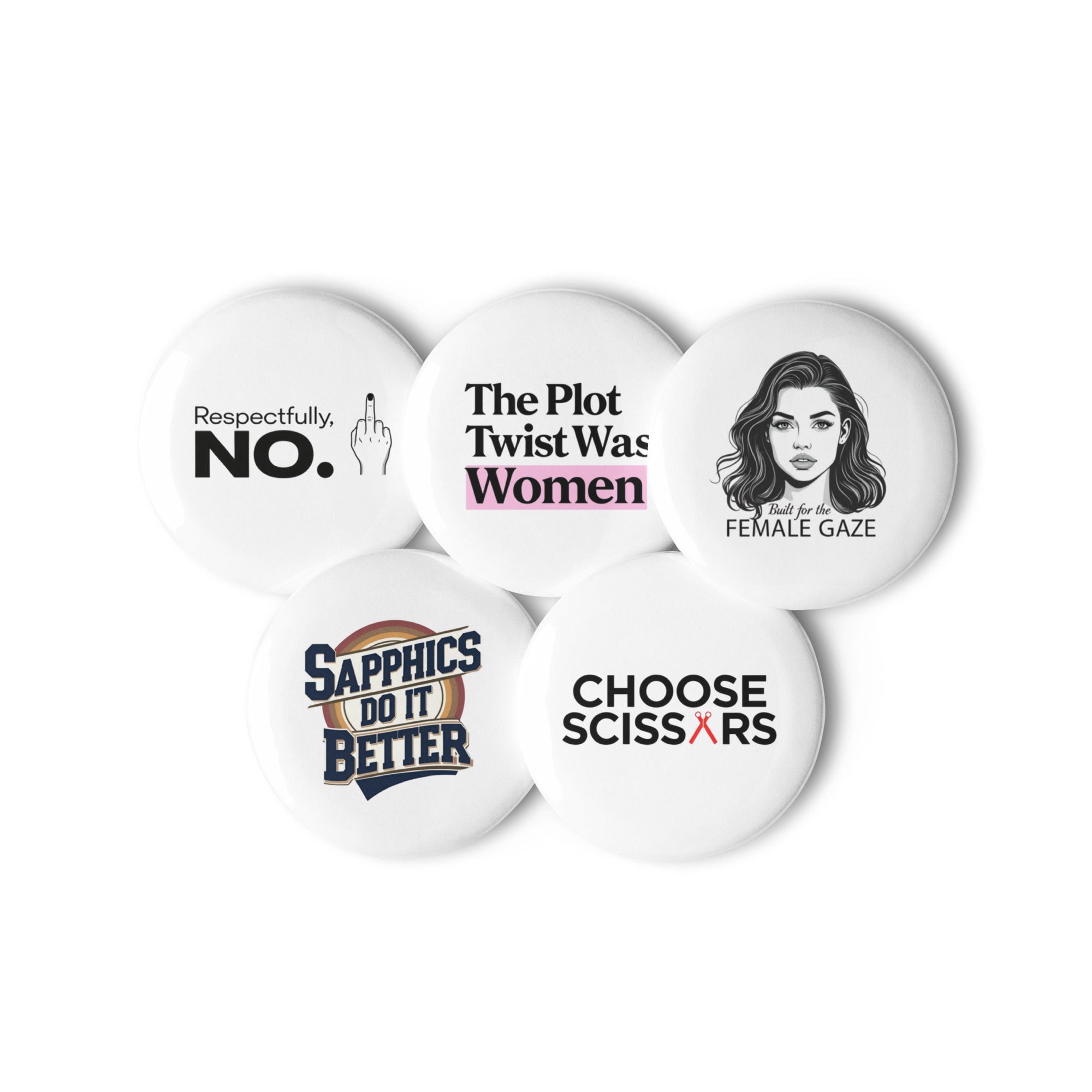 Close-up of five WLW-themed pins with glossy finish and bold queer designs