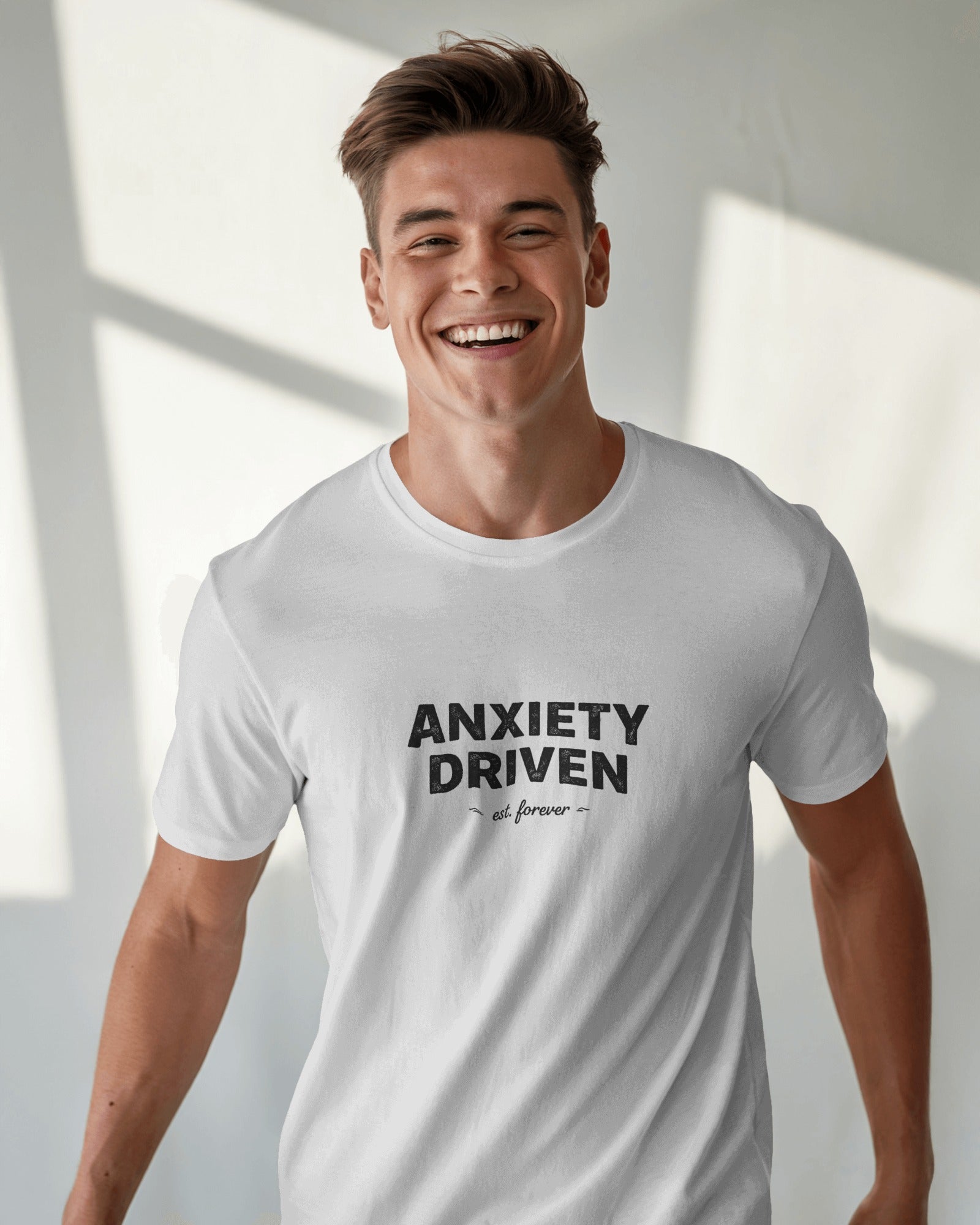 Anxiety Driven slogan printed on a unisex t-shirt with bold minimalist typography