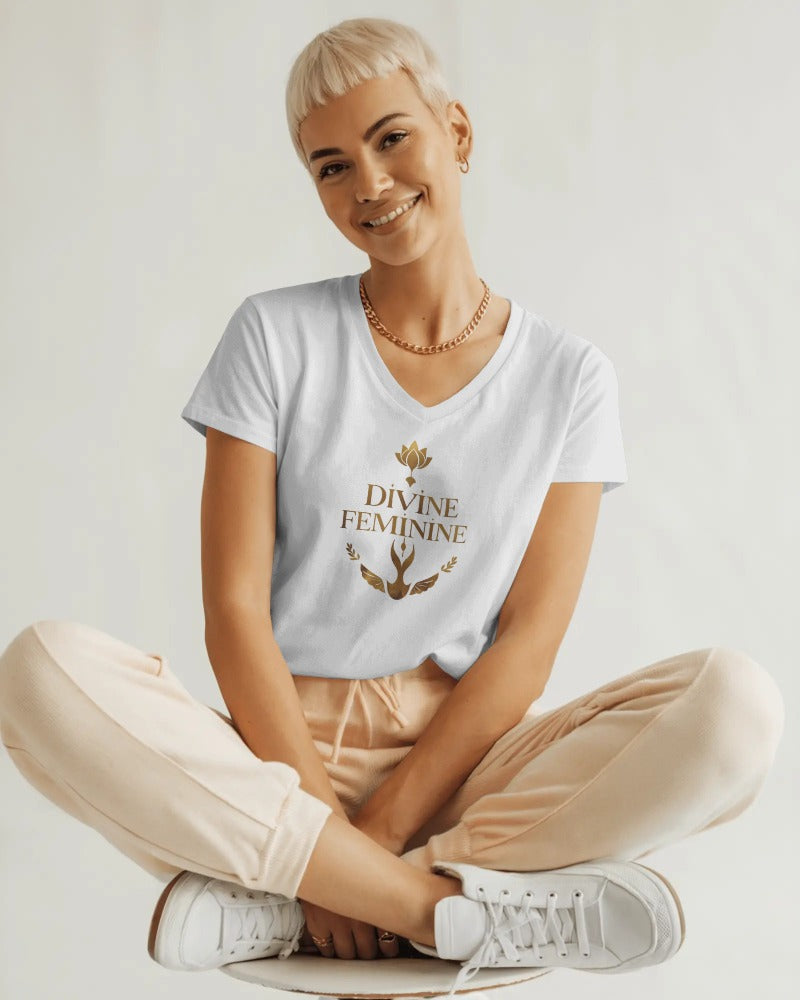 Close-up of Divine Feminine graphic tee with minimalist font