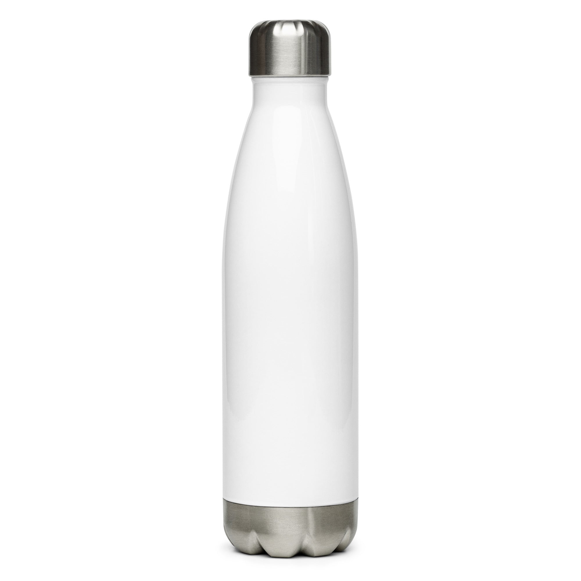 Hot Queer Summer slogan stainless steel water bottle by Savage Cotton, in matte white with bold pink lettering, shown poolside with sunglasses