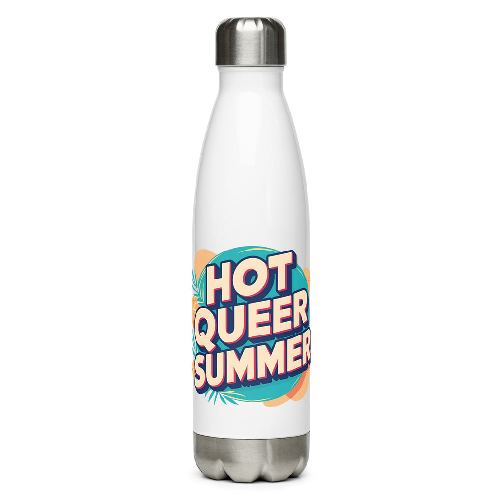 Hot Queer Summer slogan stainless steel water bottle by Savage Cotton, in matte white with bold pink lettering, shown poolside with sunglasses