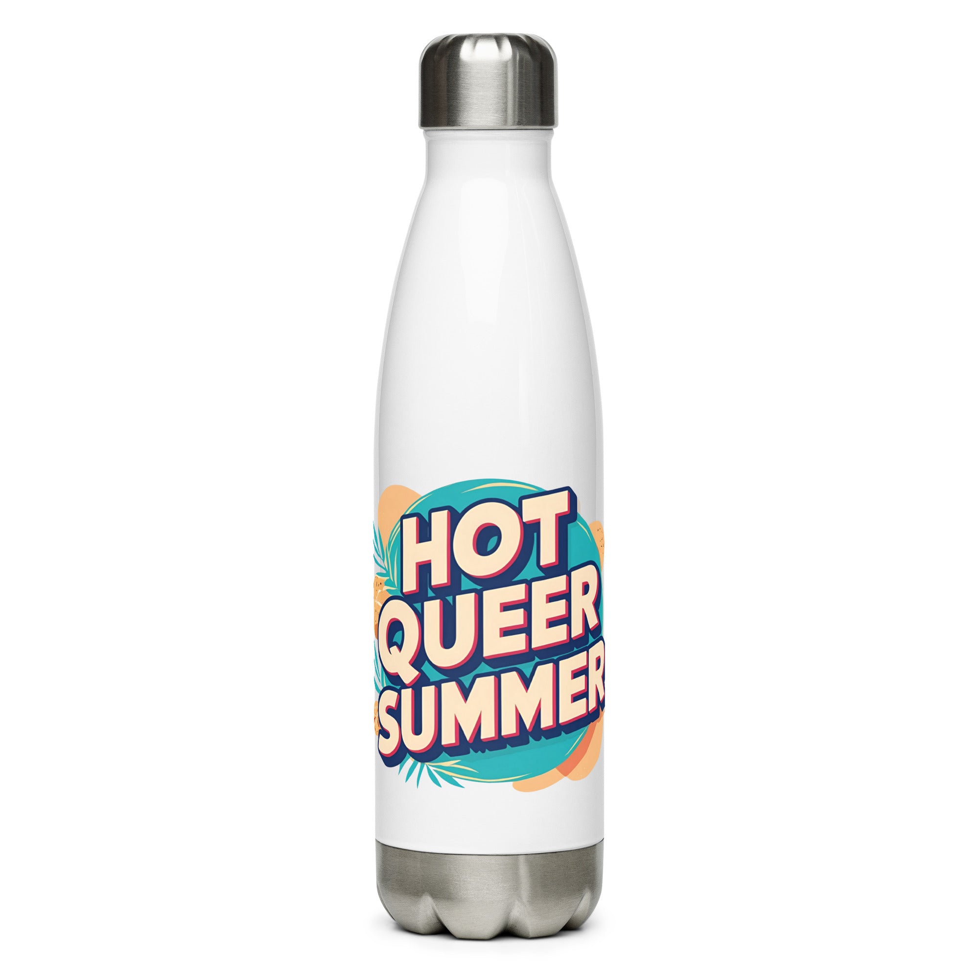 Hot Queer Summer slogan stainless steel water bottle by Savage Cotton, in matte white with bold pink lettering, shown poolside with sunglasses