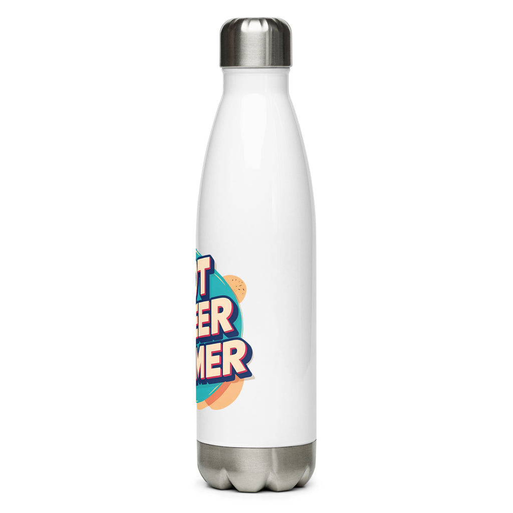 Hot Queer Summer slogan stainless steel water bottle by Savage Cotton, in matte white with bold pink lettering, shown poolside with sunglasses