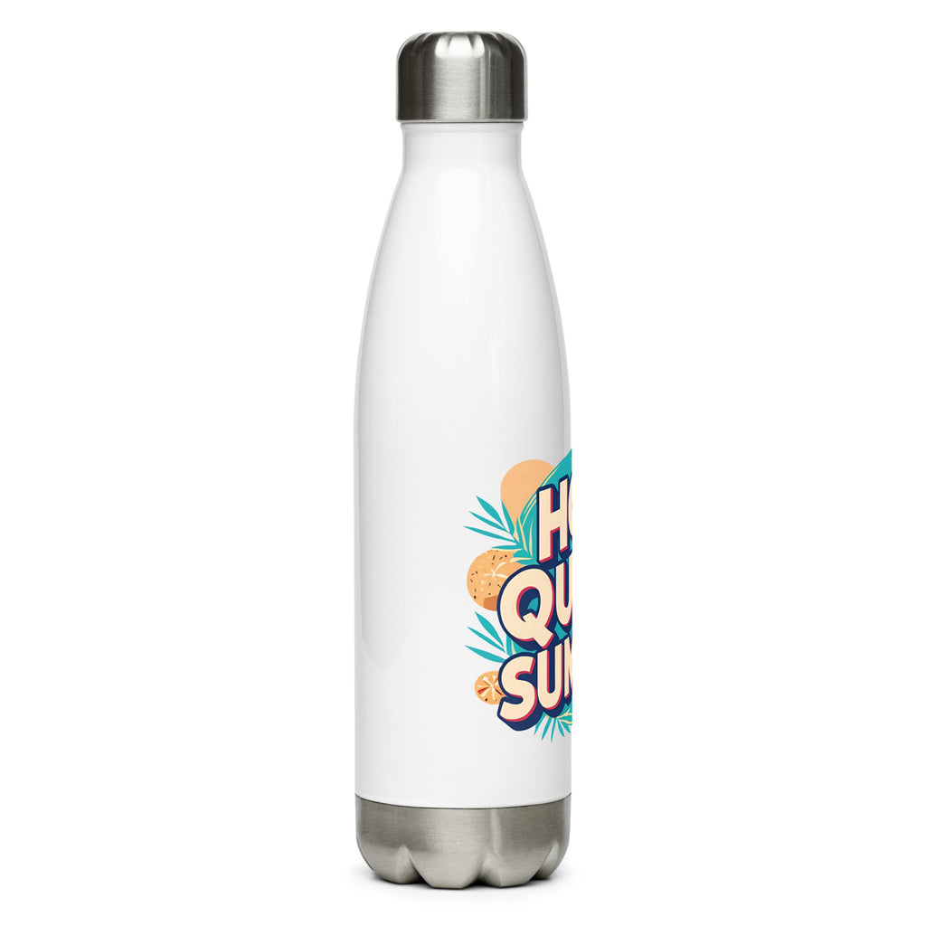 Hot Queer Summer slogan stainless steel water bottle by Savage Cotton, in matte white with bold pink lettering, shown poolside with sunglasses