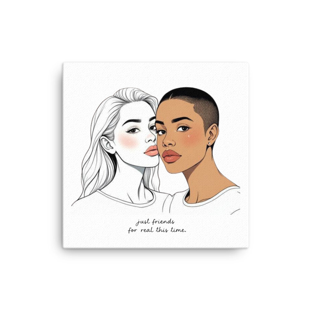 Illustrated portrait of two women from the neck up, one feminine and one masc, sharing a deep, loving gaze in soft colours, titled “Just Friends (For Real This Time)” queer wall art.