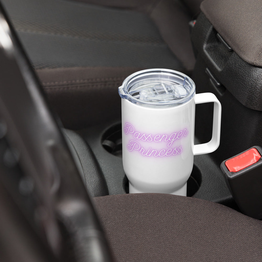 White tumbler with 'Passenger Princess' text in a car cup holder