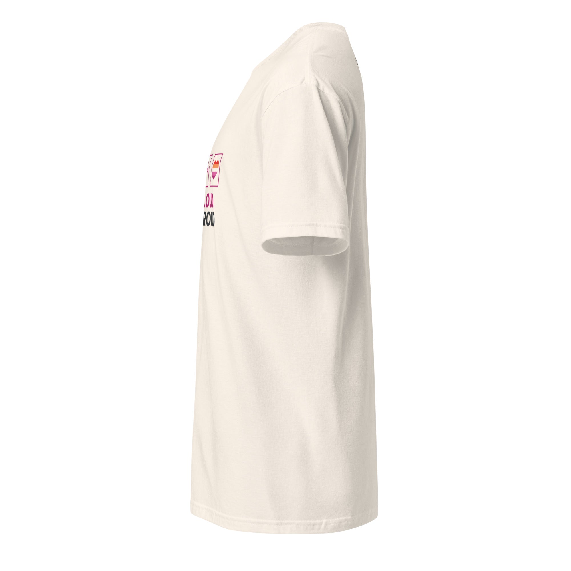 Front view of a "Love Loud, Live Proud" T-shirt with vibrant lesbian pride colors, featuring a bold and empowering design celebrating lesbian identity.