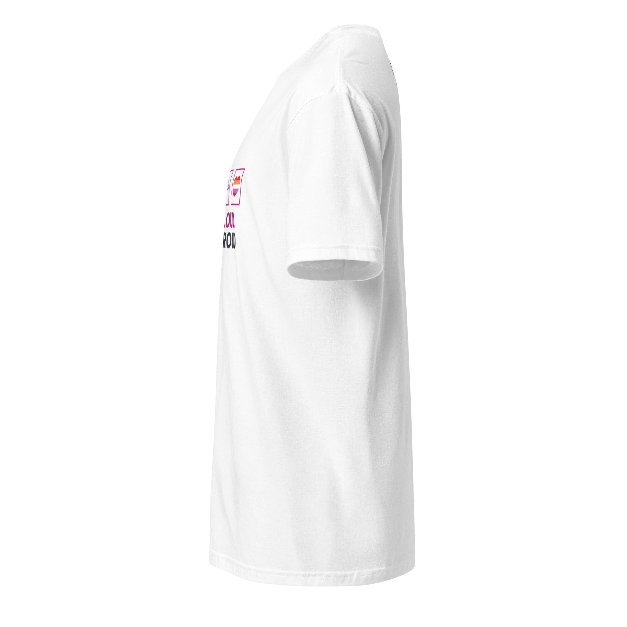 Front view of a "Love Loud, Live Proud" T-shirt with vibrant lesbian pride colors, featuring a bold and empowering design celebrating lesbian identity.