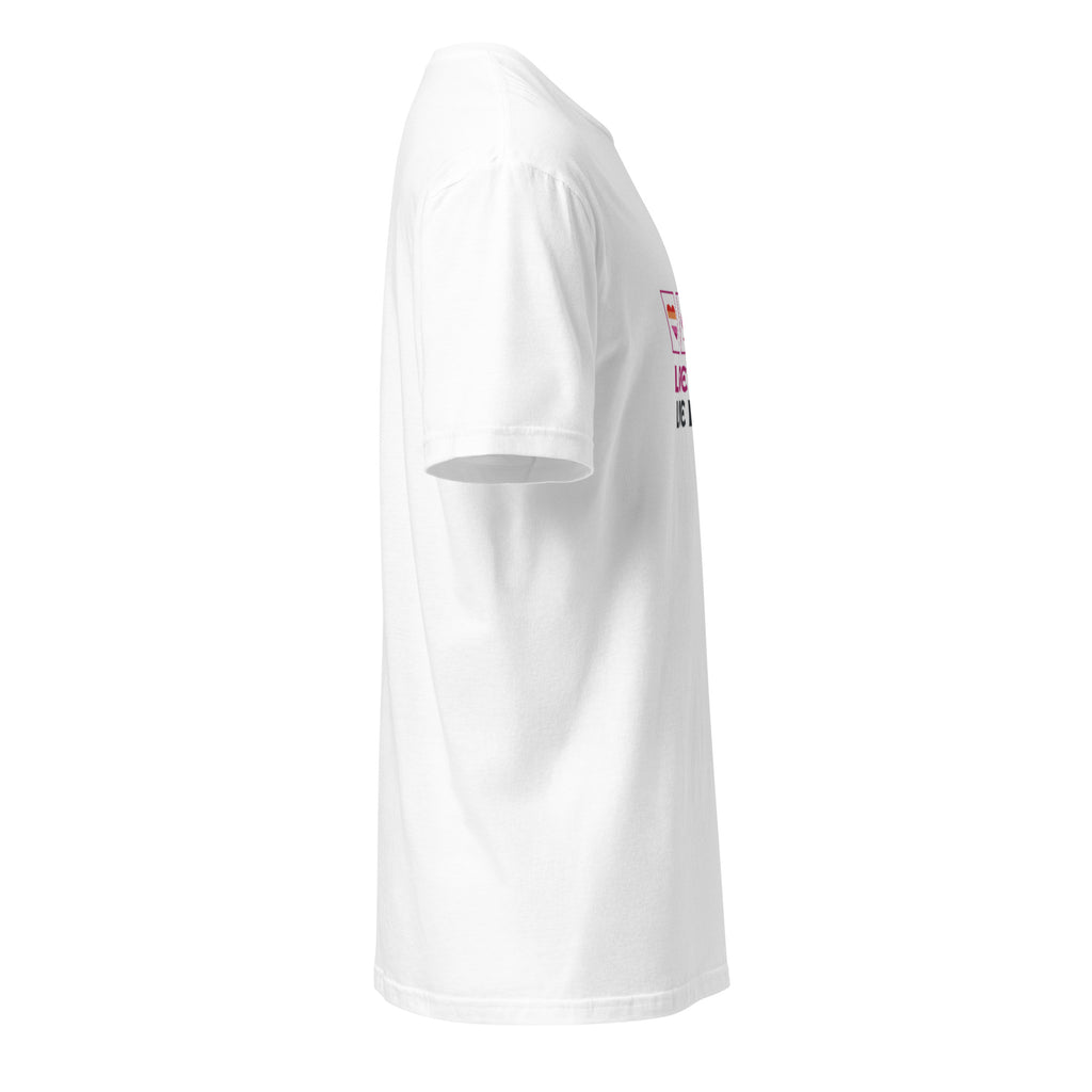 Front view of a "Love Loud, Live Proud" T-shirt with vibrant lesbian pride colors, featuring a bold and empowering design celebrating lesbian identity.