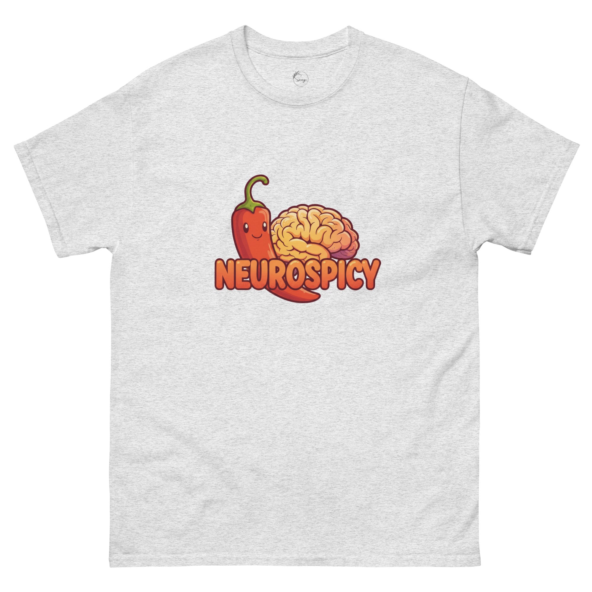 Neurospicy slogan t-shirt worn by a confident model, celebrating neurodivergence and mental health with bold, playful typography