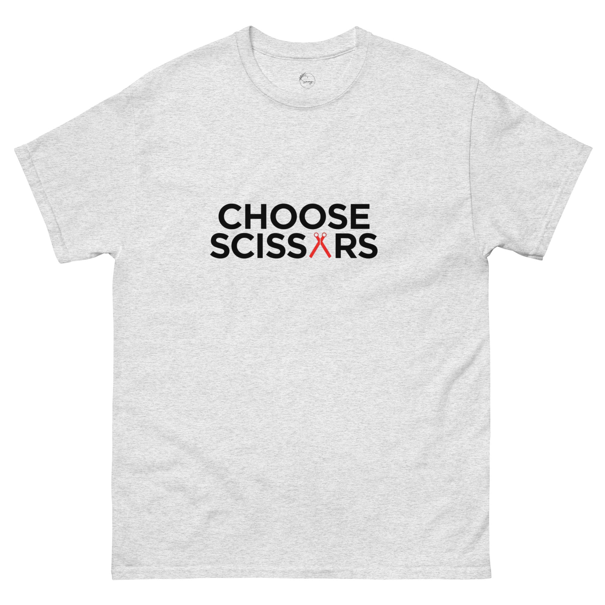 Choose Scissors slogan printed on a unisex t-shirt with minimalist typography