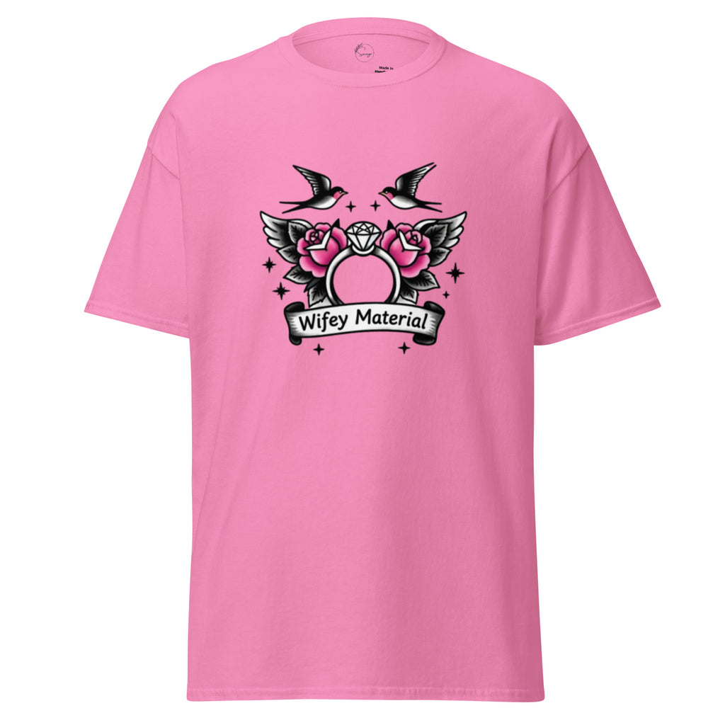 Pink t-shirt with graphic design and text on a white background
