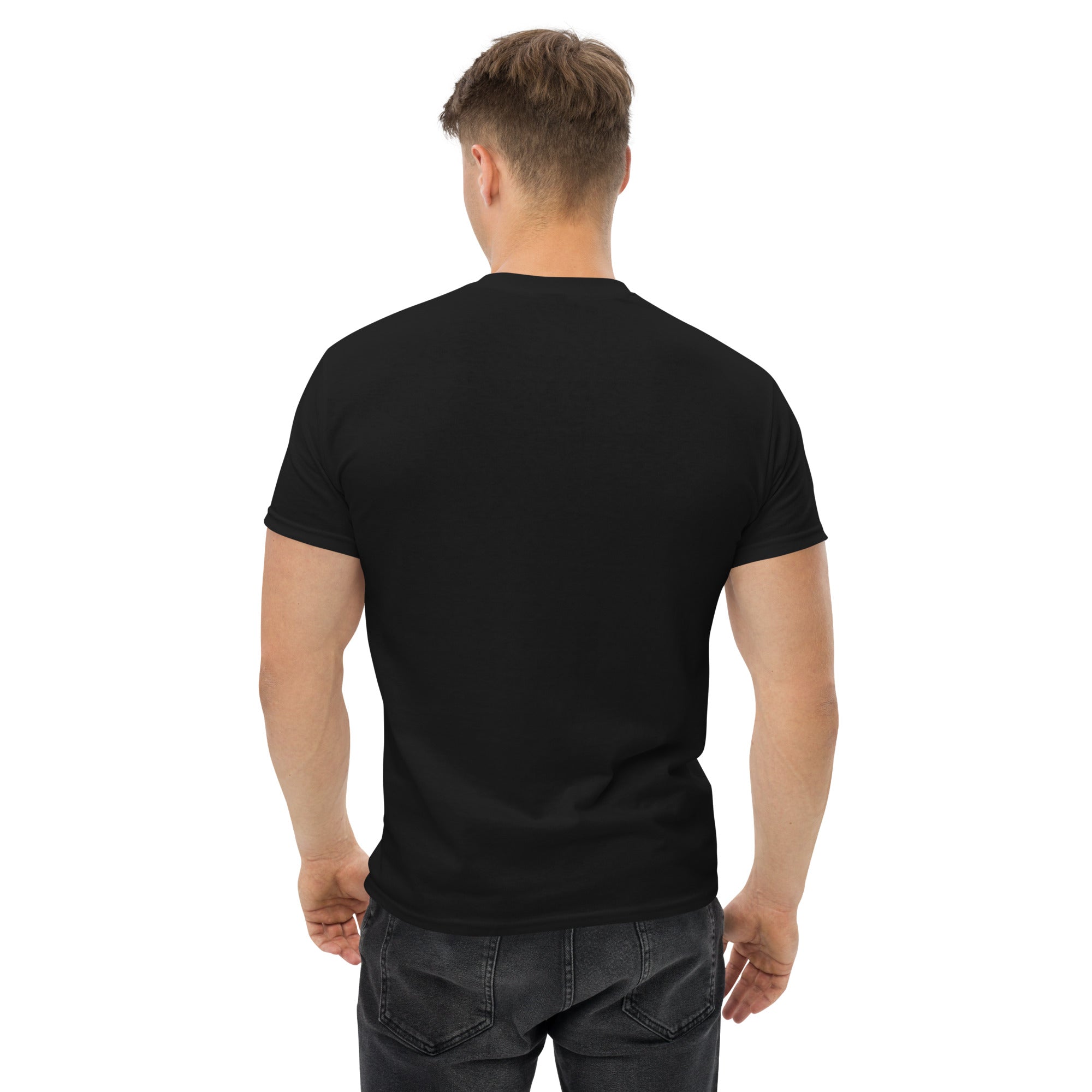 Man wearing a black t-shirt on a white background
