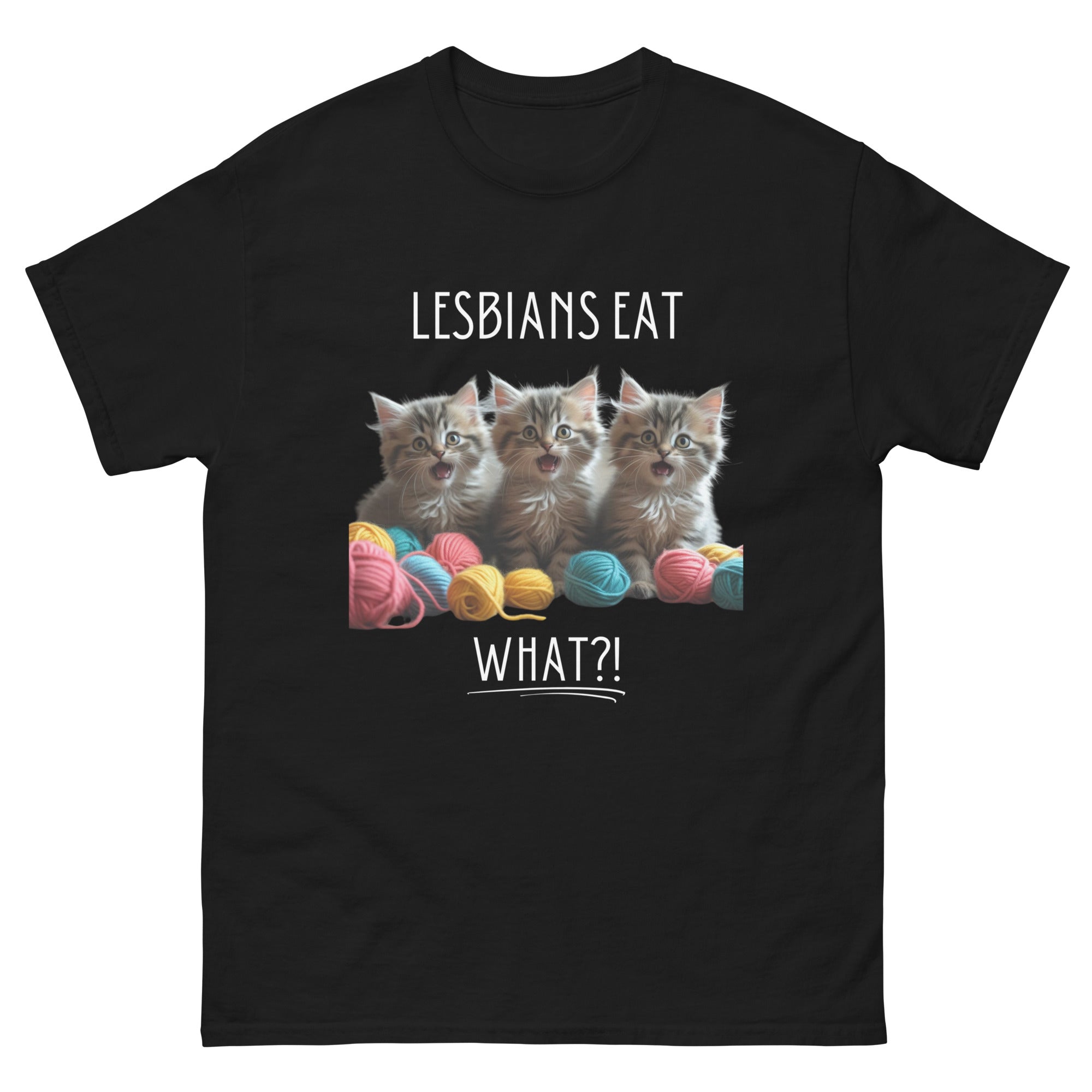 Funny “Lesbians Eat What?!” T-Shirt with Three Shocked Kittens – LGBTQ Graphic Tee
