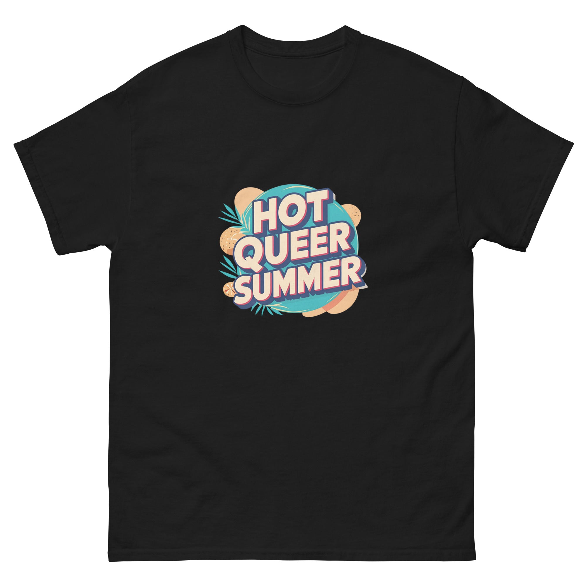 Model wearing Hot Queer Summer slogan T-shirt by Savage Cotton in bright coral, styled with sunglasses and rainbow accessories