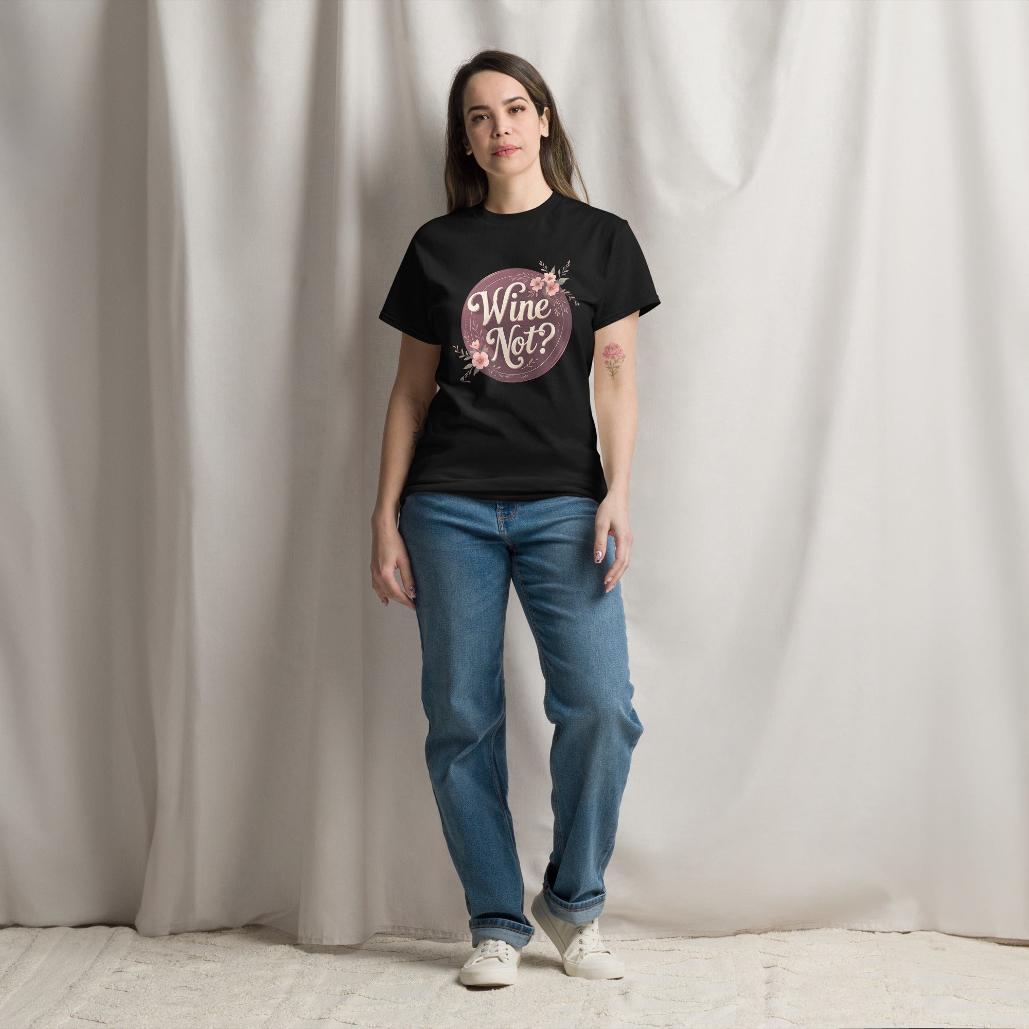 Front view of Wine Not? slogan T-shirt by Savage Cotton, in dusty rose with cream print, styled casually for summer