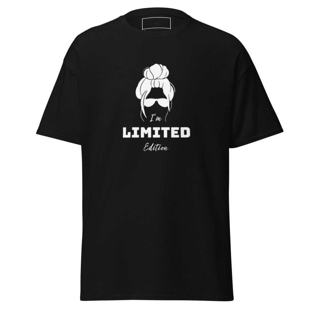 Black t-shirt with white graphic and text on a white background