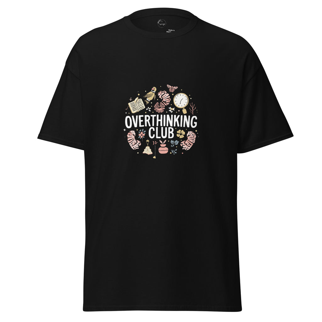 Black t-shirt with 'Overthinking Club' graphic design on a white background