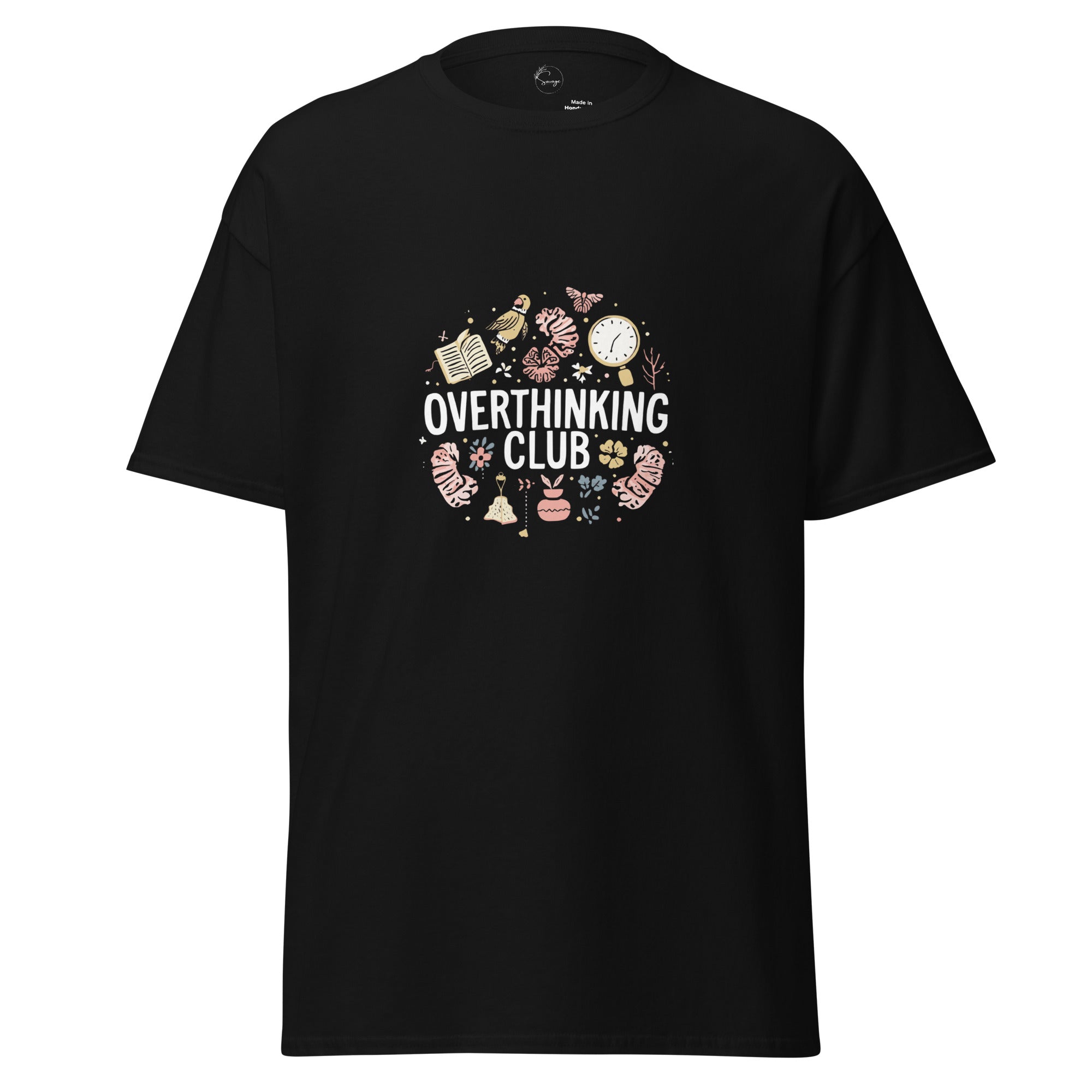Black t-shirt with 'Overthinking Club' graphic design on a white background