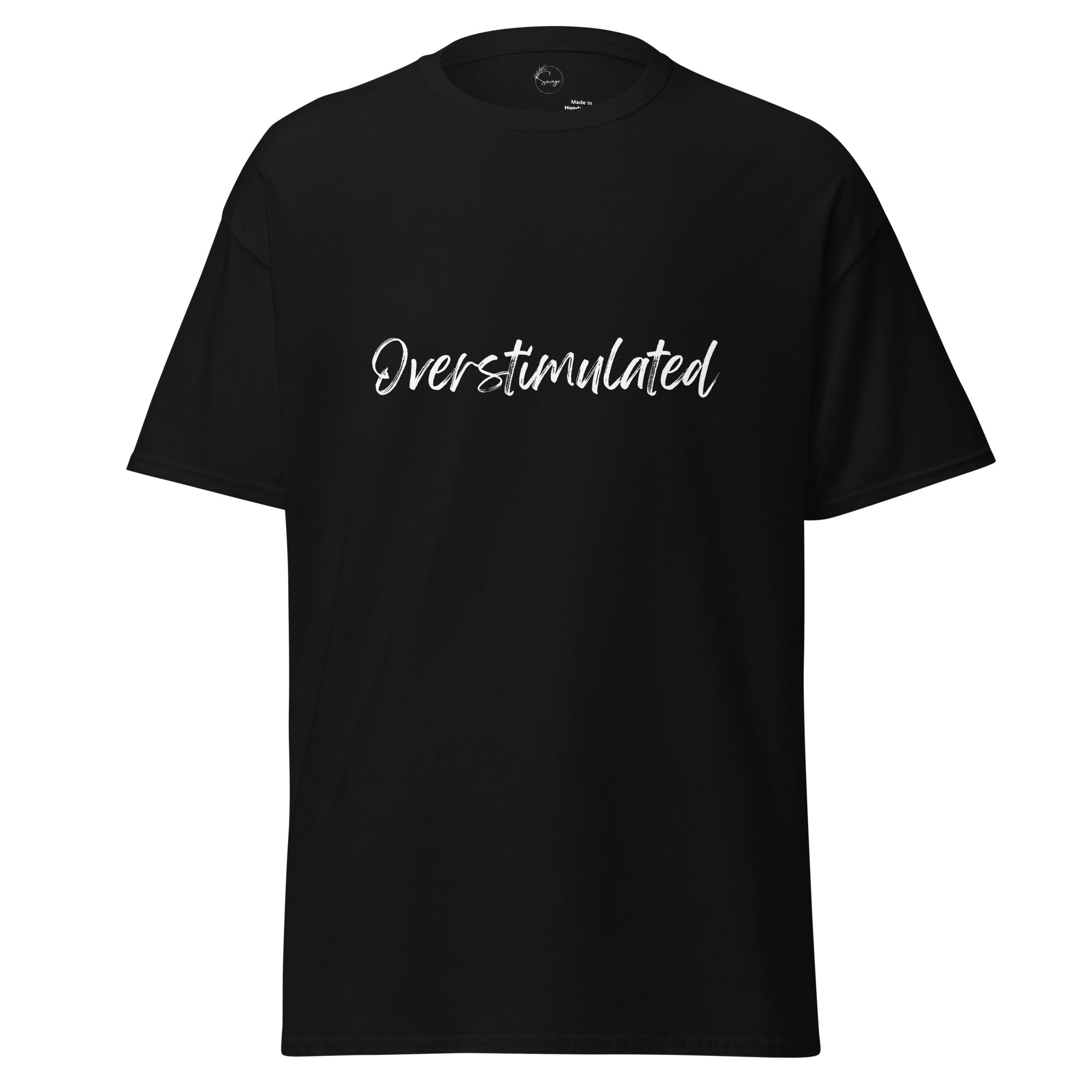 Oversized Overstimulated t-shirt styled casually, expressive mental health slogan fashion