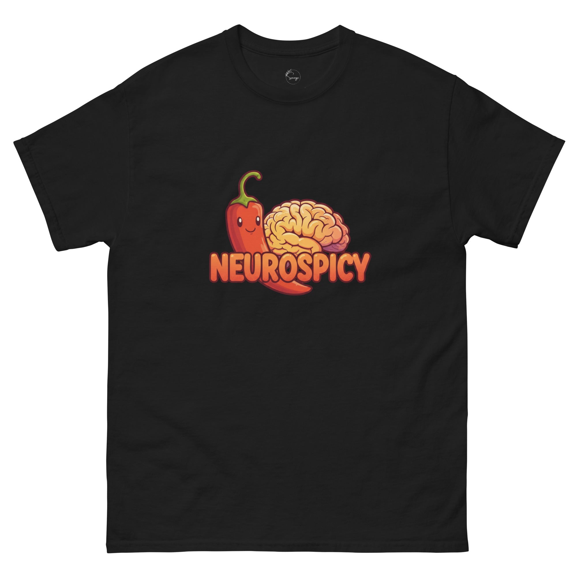 Neurospicy slogan t-shirt worn by a confident model, celebrating neurodivergence and mental health with bold, playful typography