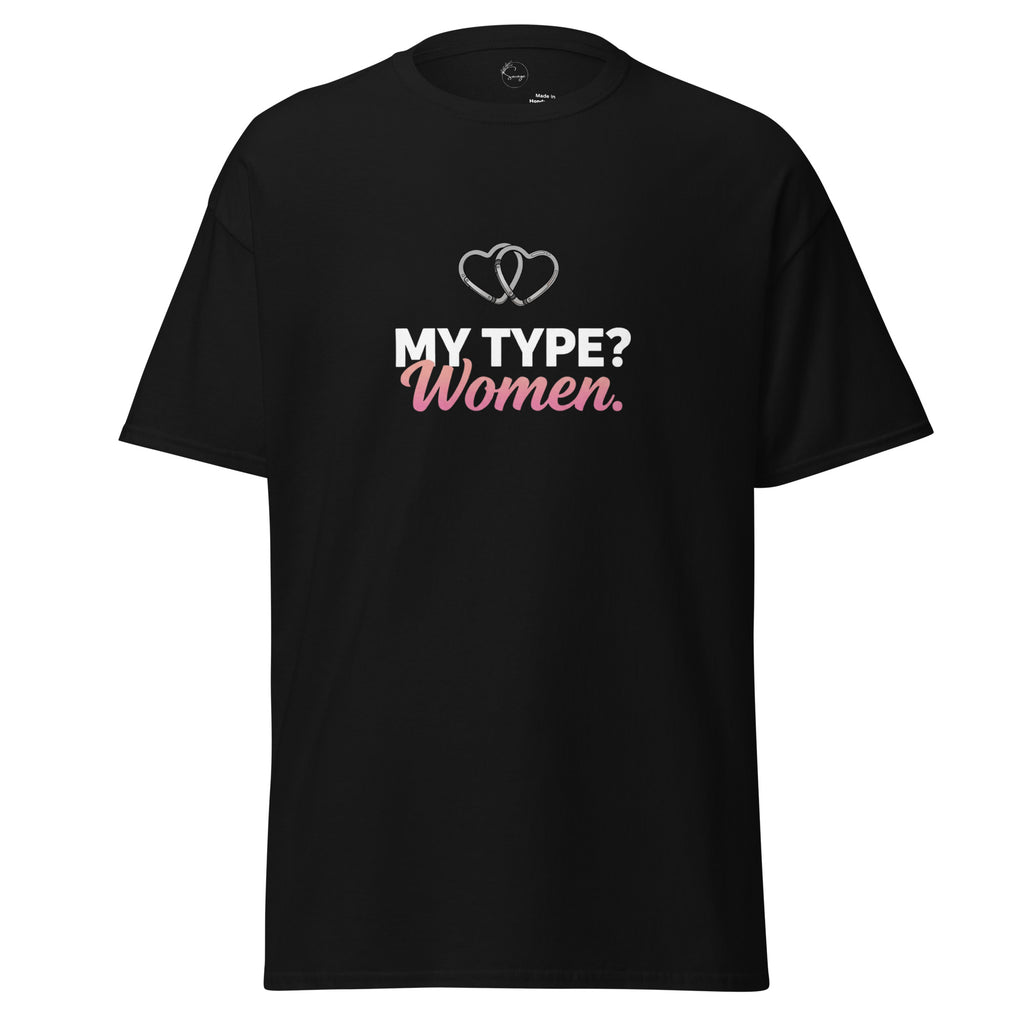 Black t-shirt with white text on a white background