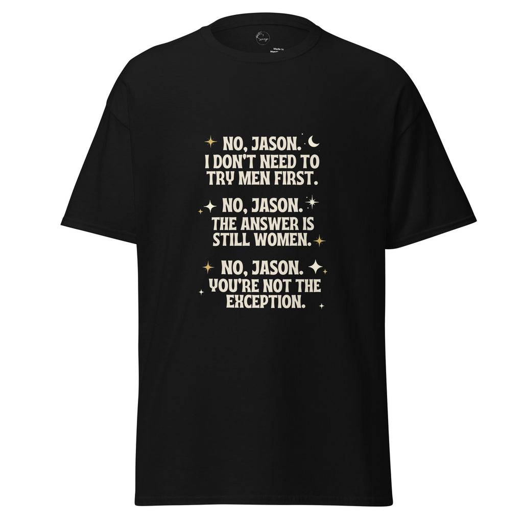 Black t-shirt with white graphic design and text on a white background