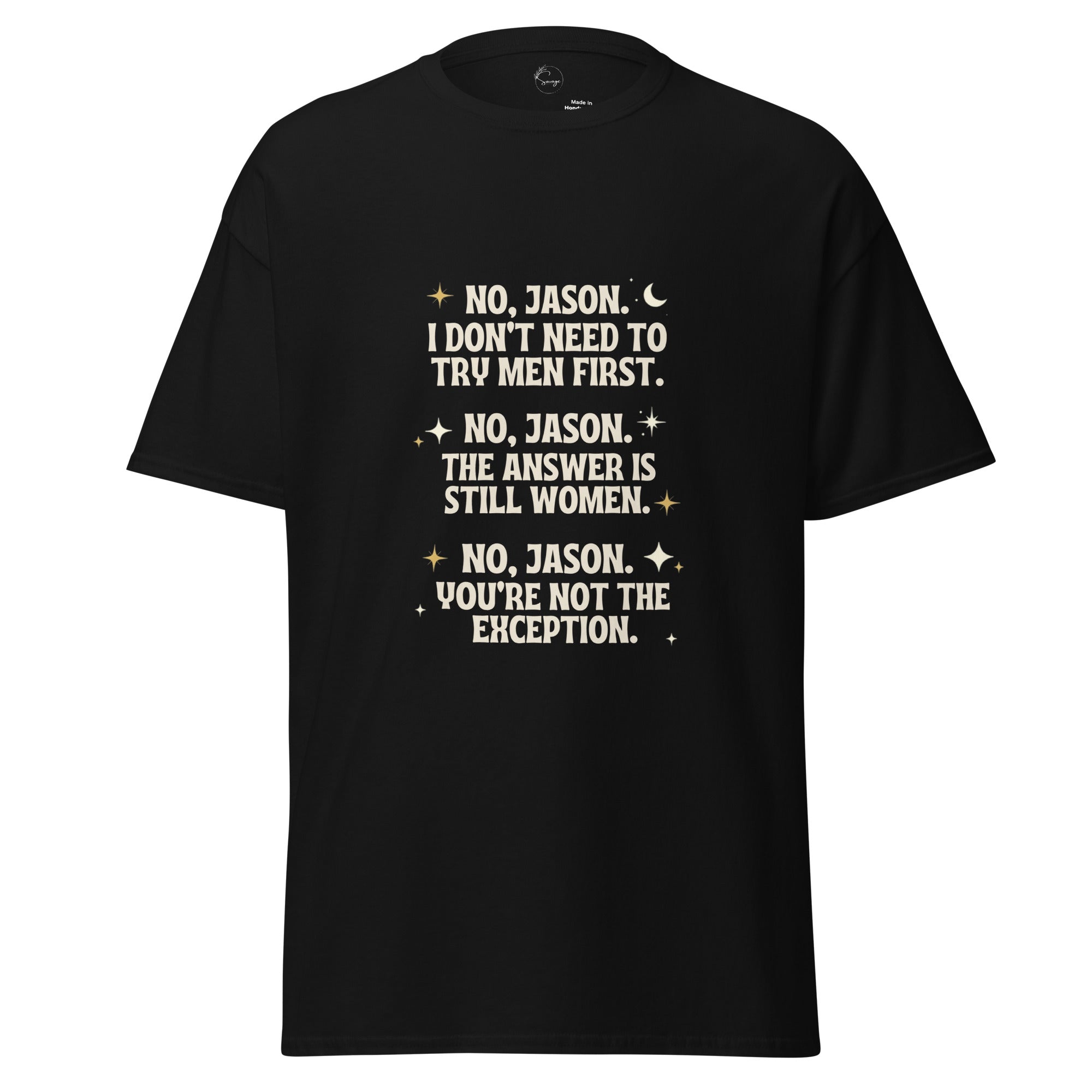 Black t-shirt with white graphic design and text on a white background