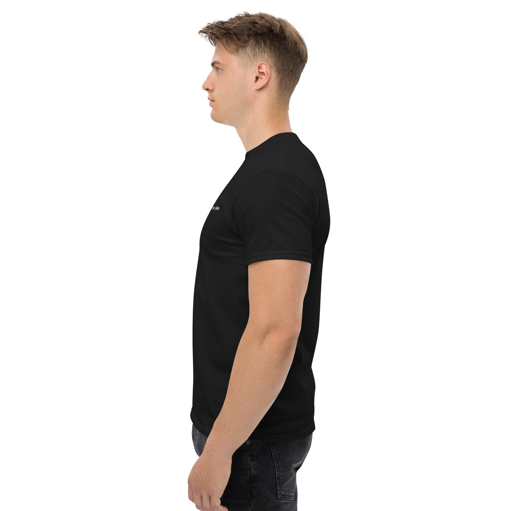 Man wearing a black t-shirt on a white background