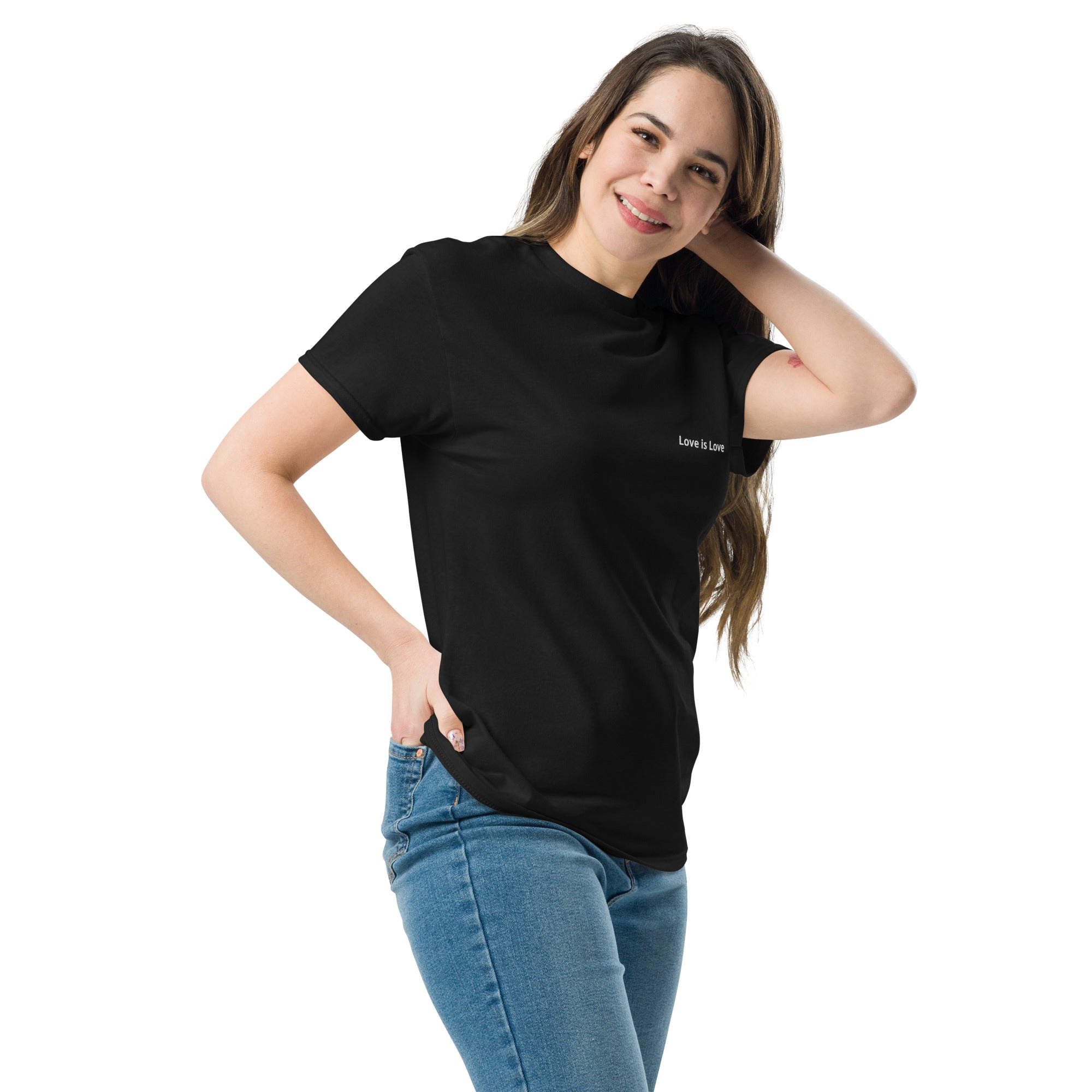 Woman wearing a black t-shirt with a logo on a white background