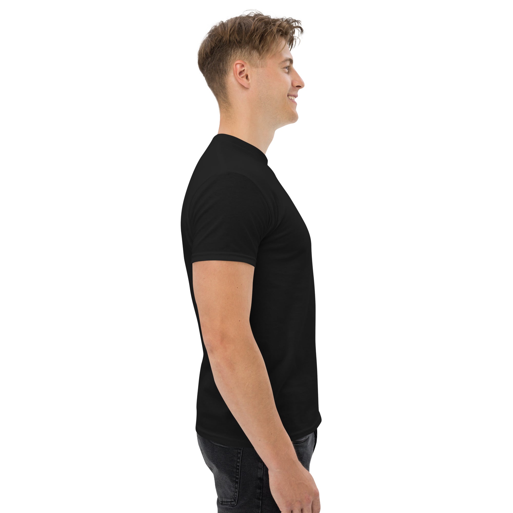 Man wearing a black t-shirt on a white background
