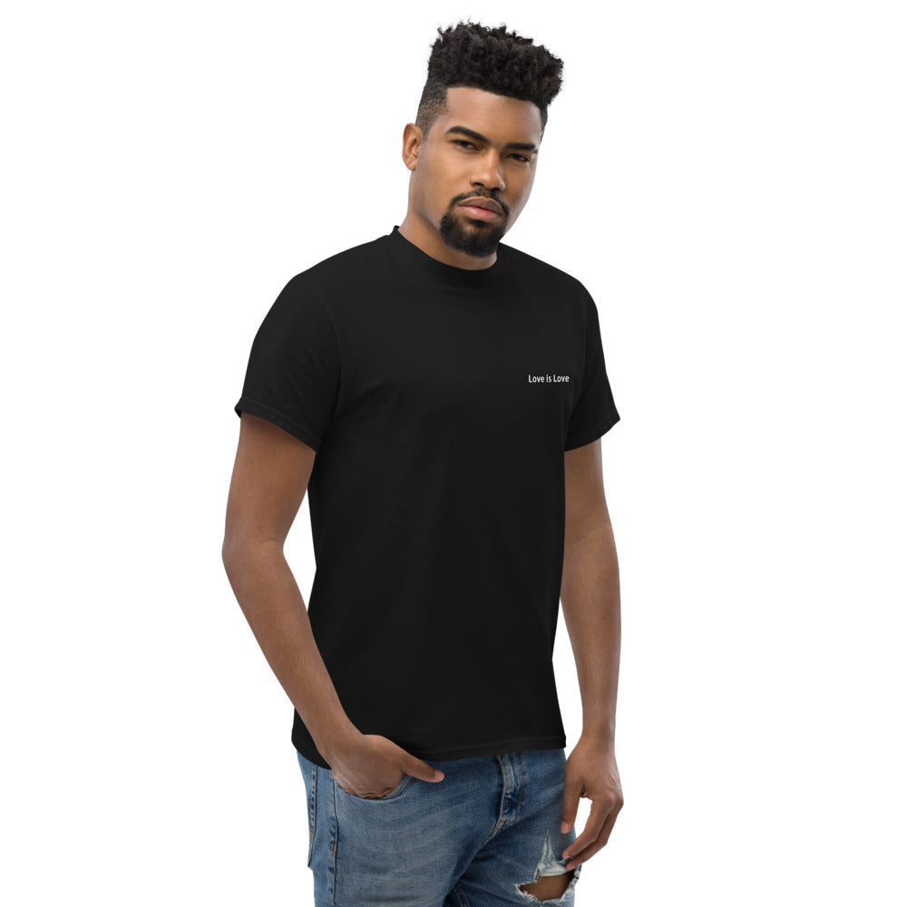 Man wearing a black t-shirt with text on a white background