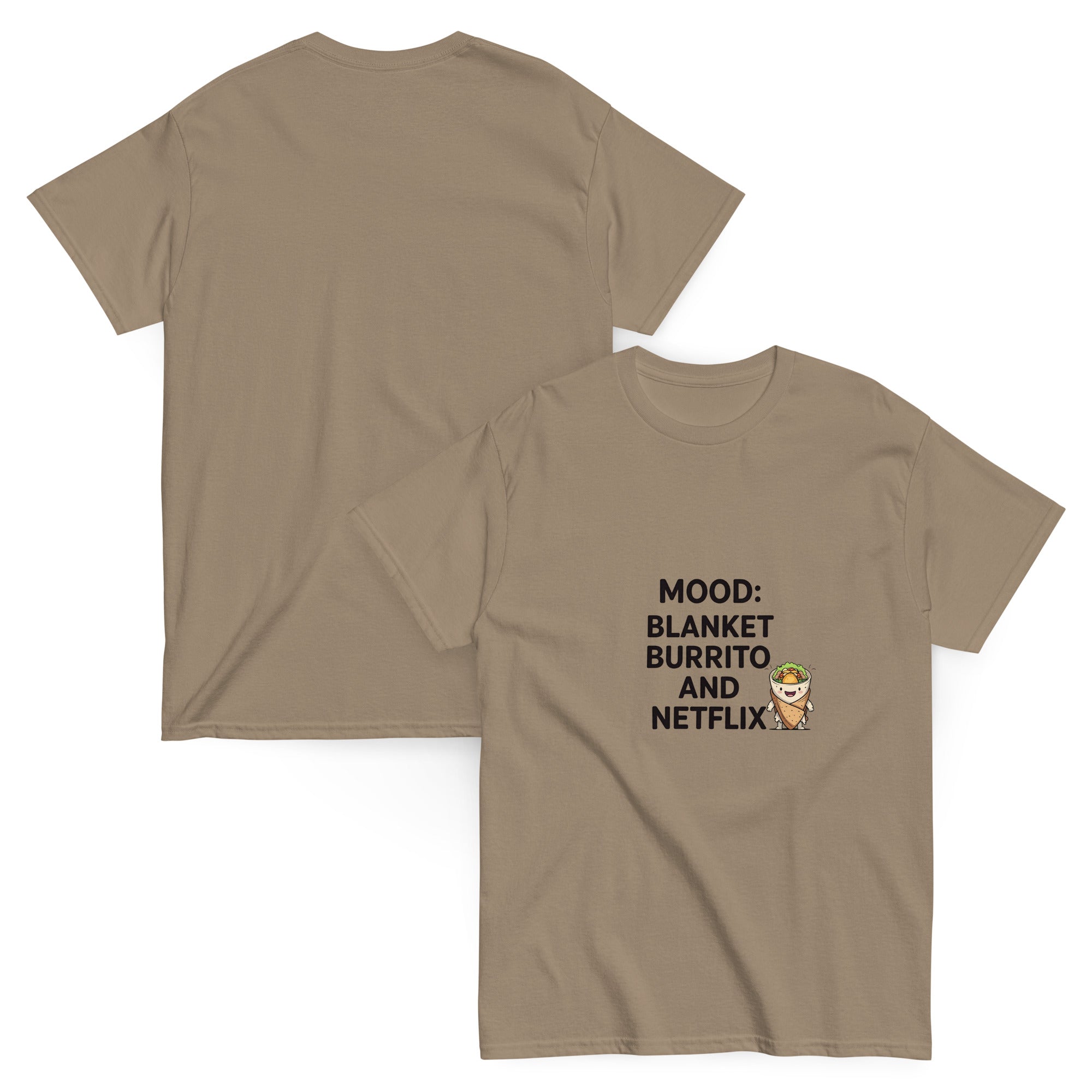 Brown t-shirt with text and graphic on a white background
