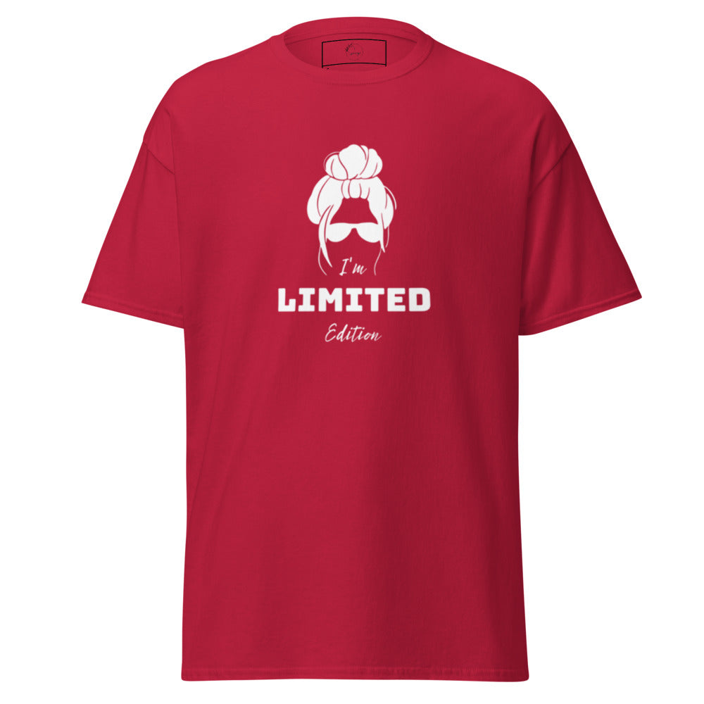 Red t-shirt with white graphic and text on a white background