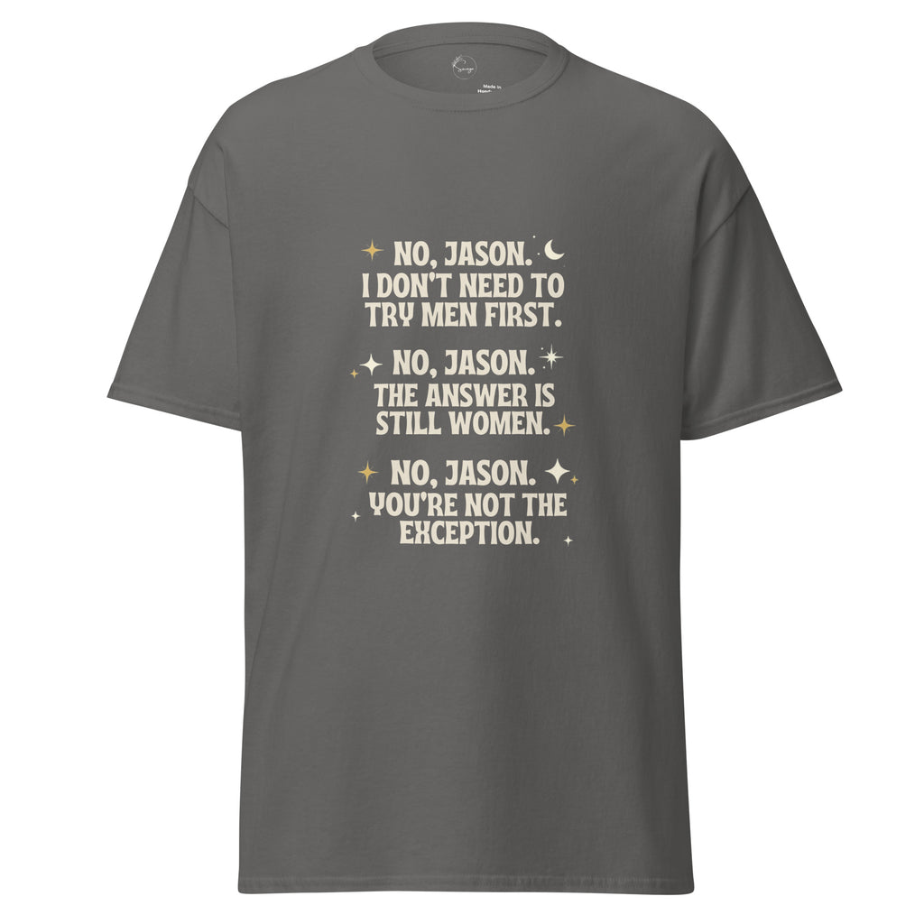 Gray t-shirt with white graphic and text on a white background