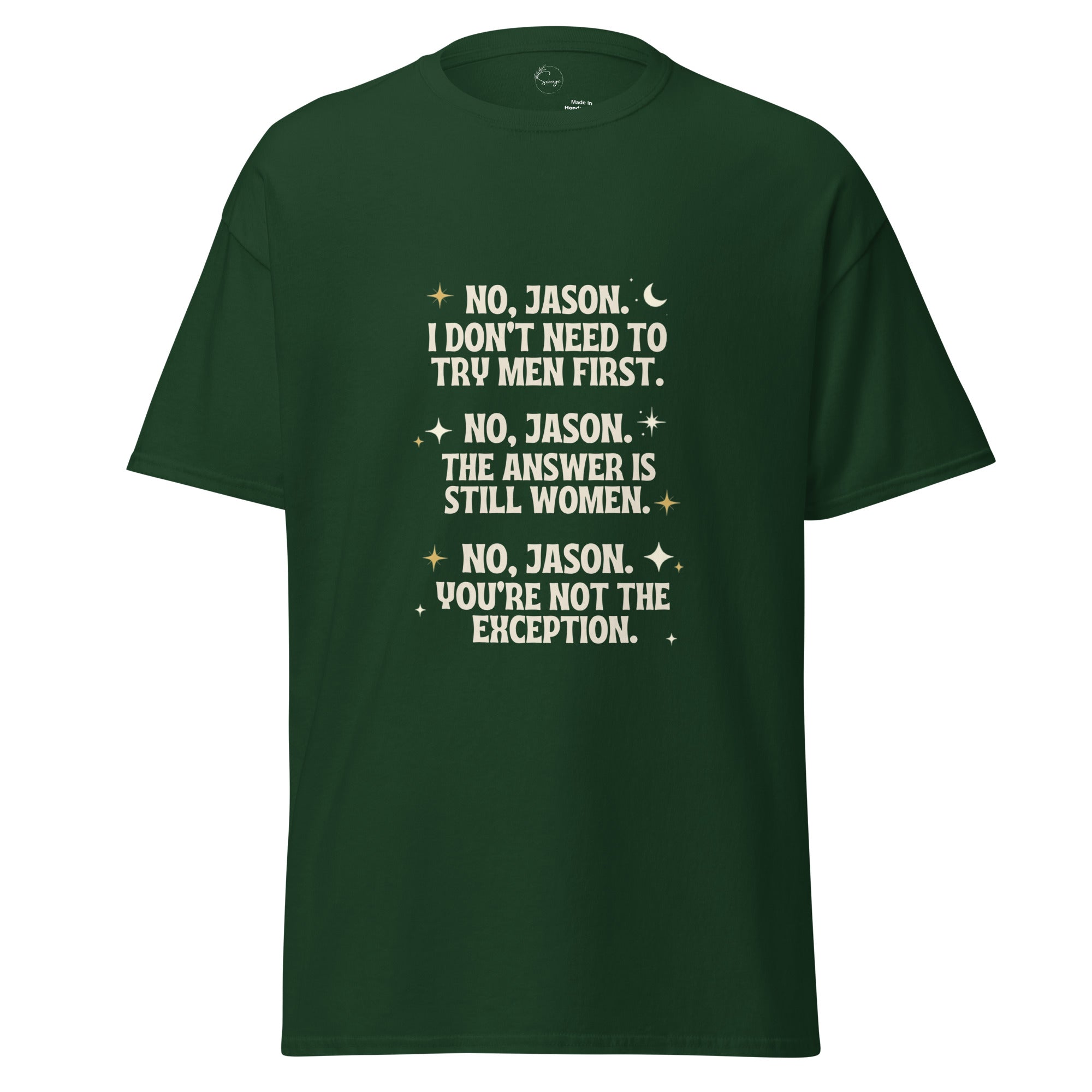 Black t-shirt with white graphic design and text on a white background