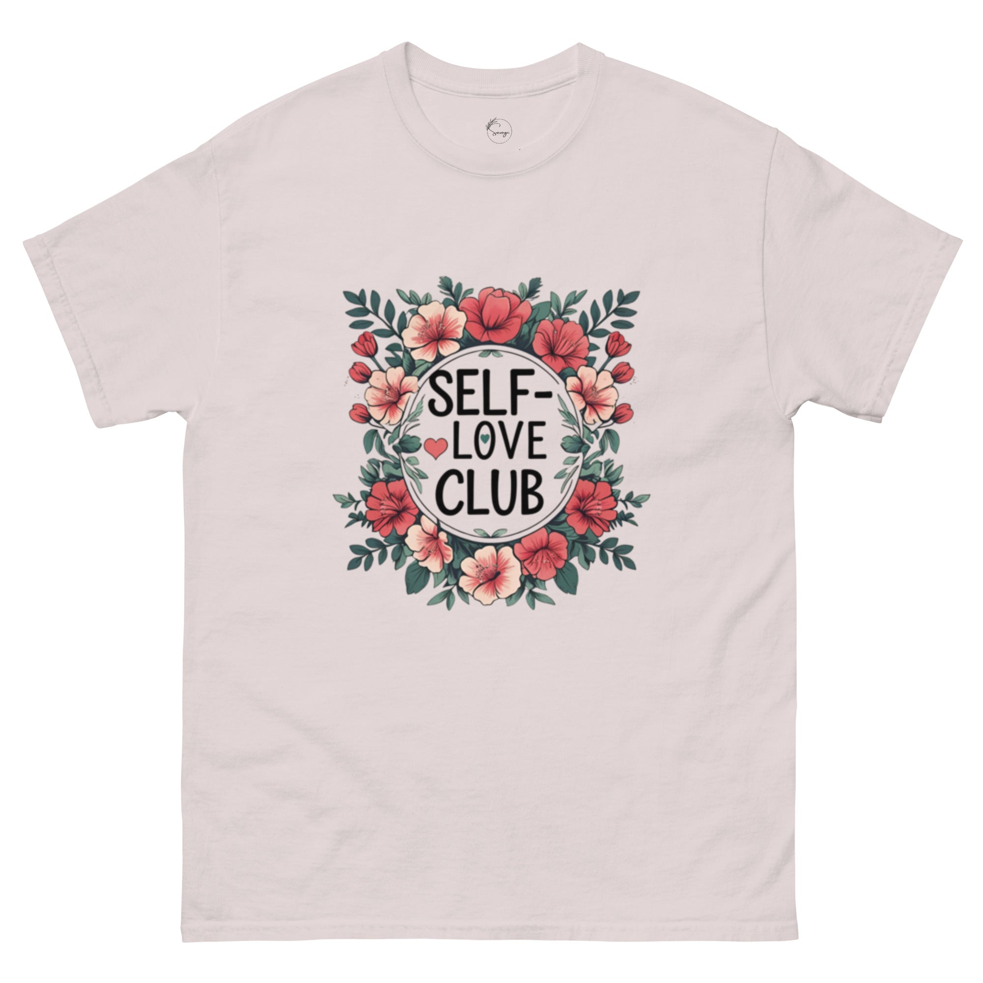 Woman wearing a "Love Yourself First" T-shirt in soft cotton, smiling confidently outdoors.