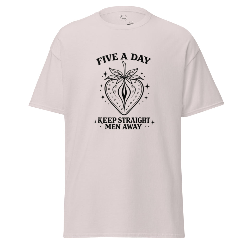 Light pink t-shirt with black graphic and text on a white background