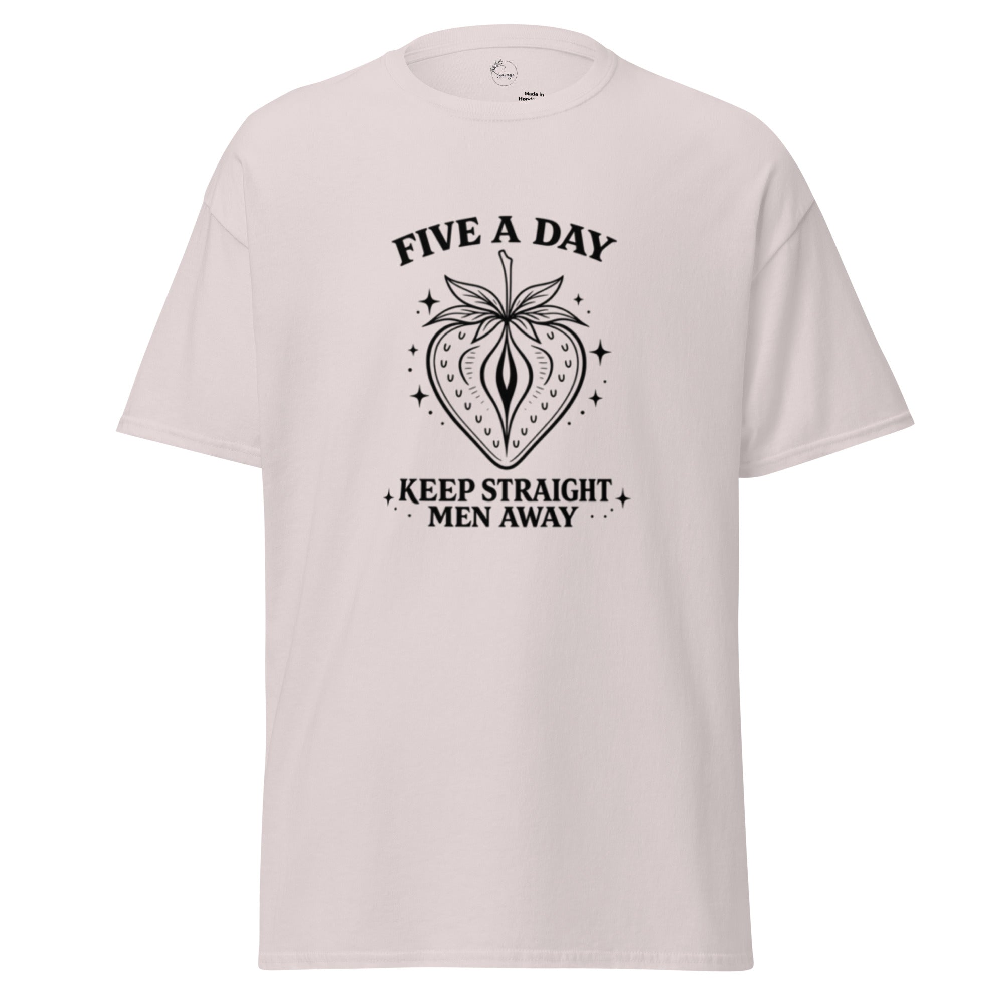 Light pink t-shirt with black graphic and text on a white background
