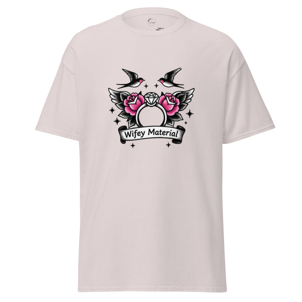 White t-shirt with a graphic design featuring roses, birds, and text on a white background