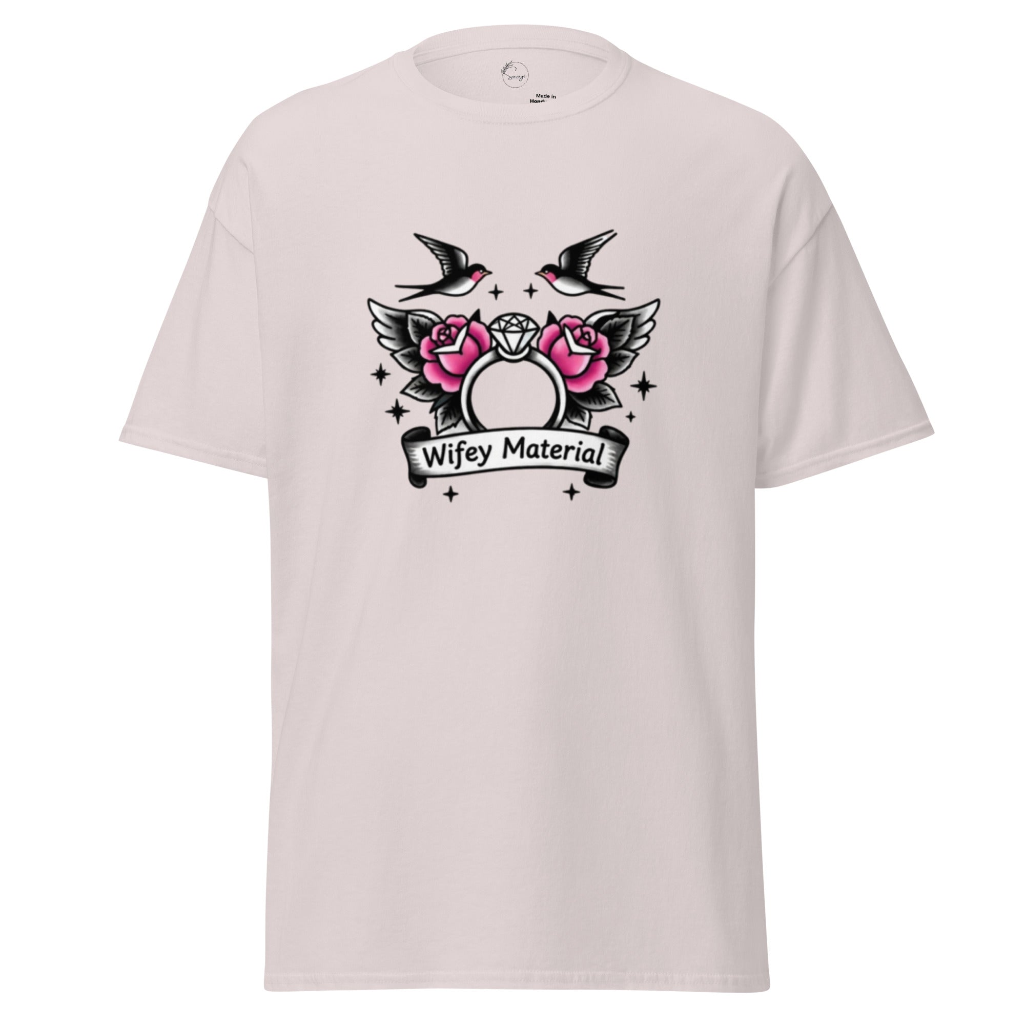 White t-shirt with a graphic design featuring roses, birds, and text on a white background