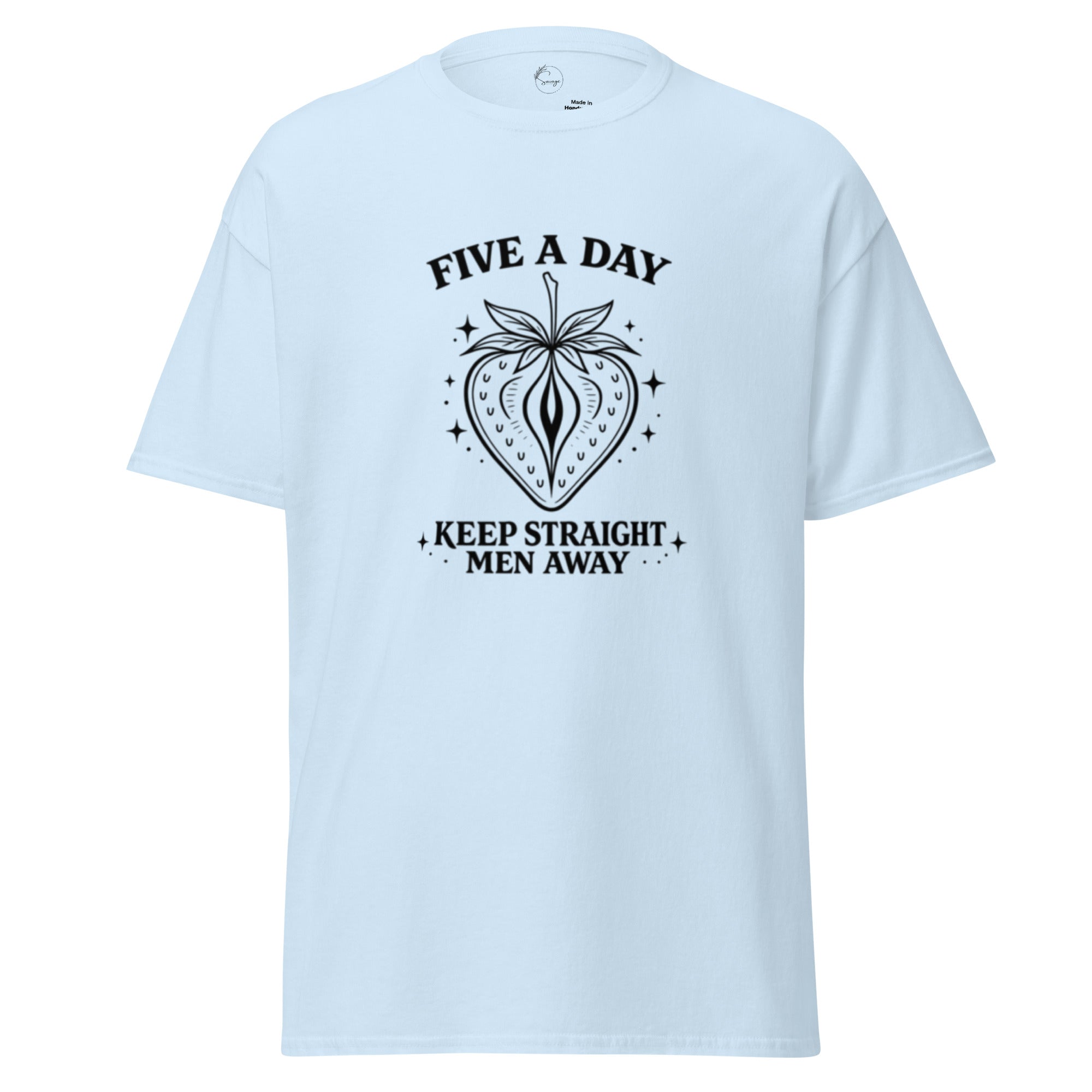 Light blue t-shirt with black graphic and text on a white background