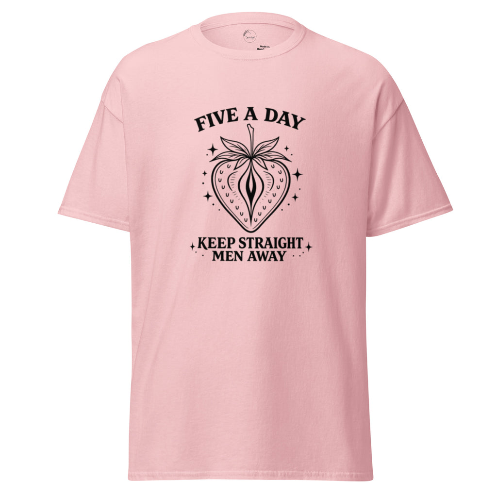 Pink t-shirt with black graphic and text on a white background
